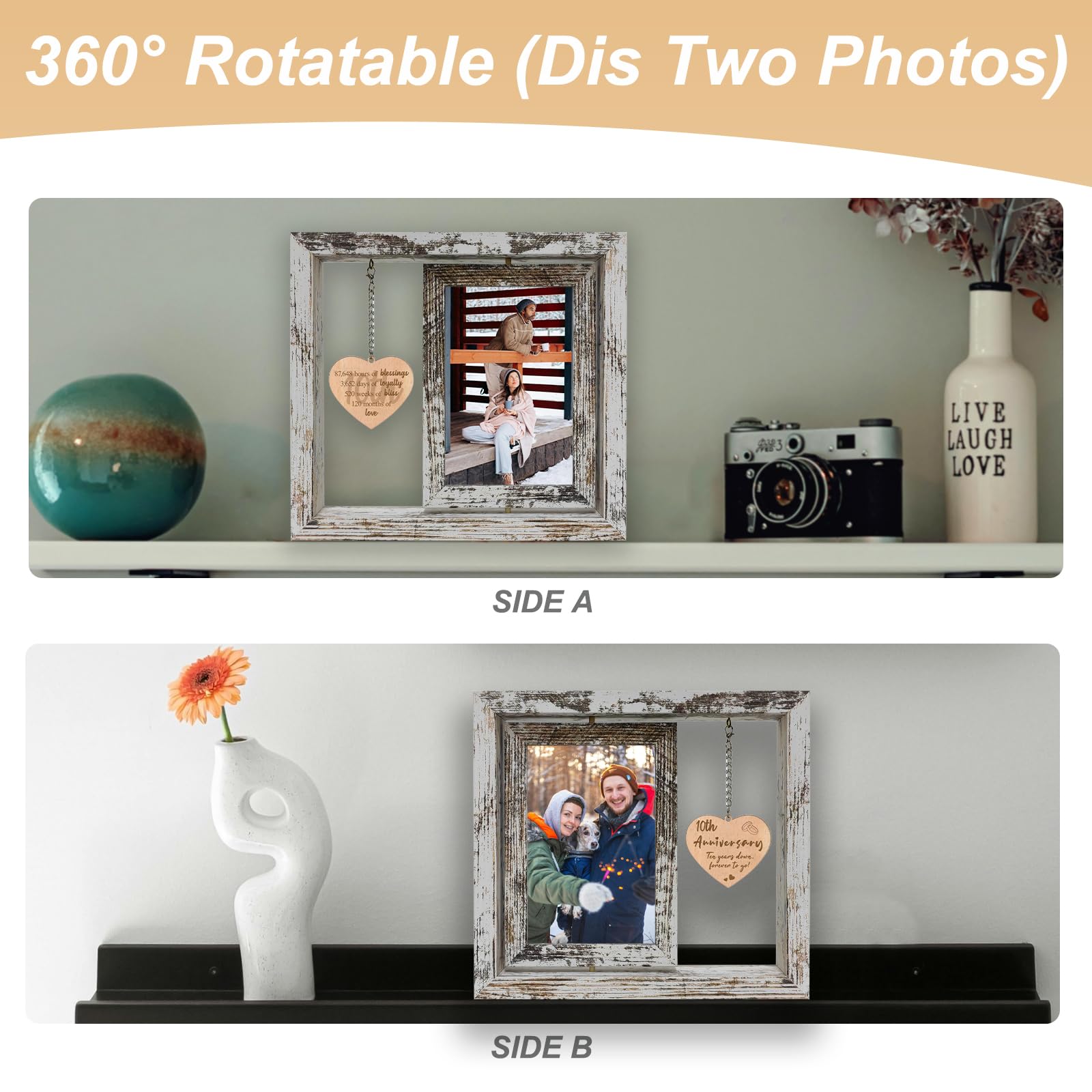 soruney 10 Year Anniversary Rotating Picture Frame for Wife, 10th Wedding Anniversary Photo Frame Gifts for Her Him Couples with