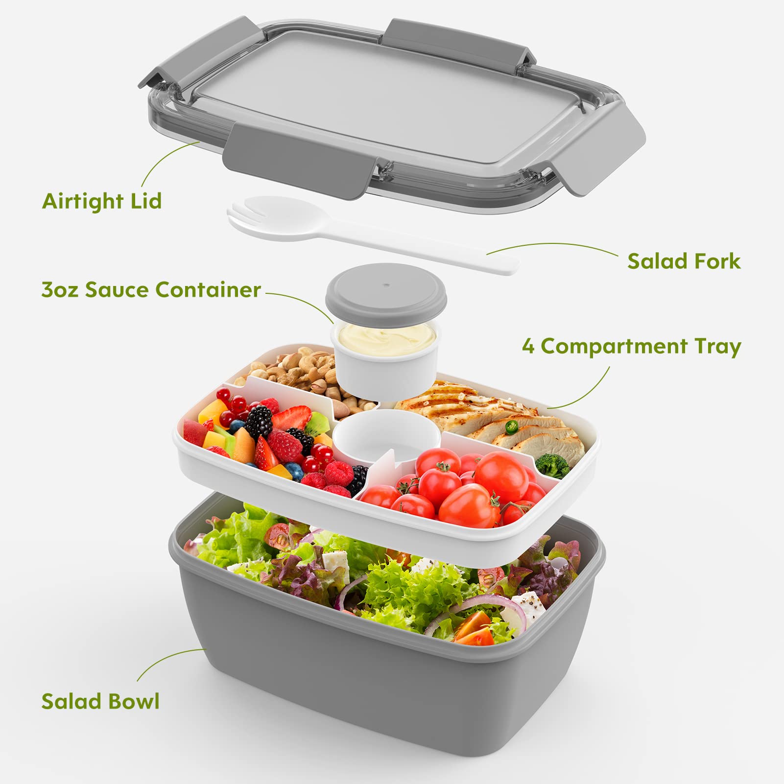 Cherrysea Salad Lunch Container, 68Oz Salad Bowls With 4 Compartments Tray,Leak Proof Lunch Box With Fork For Men,Women Bpa-Free