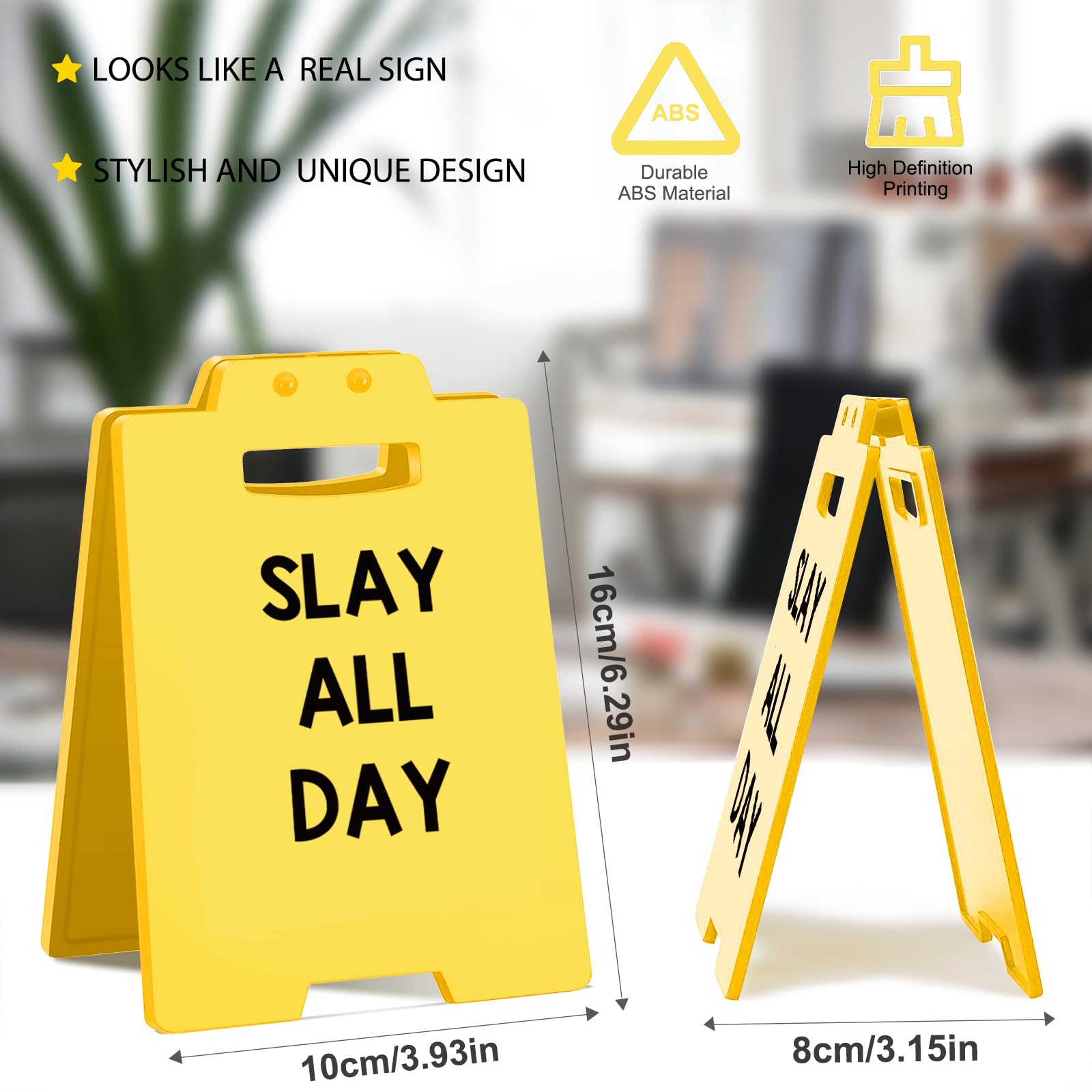 SLAY ALL DAY Funny Desk Sign - Cute Yellow Acrylic Decor for Office, Vanity, Dorm or Room - Motivational Gift for Women, Friends