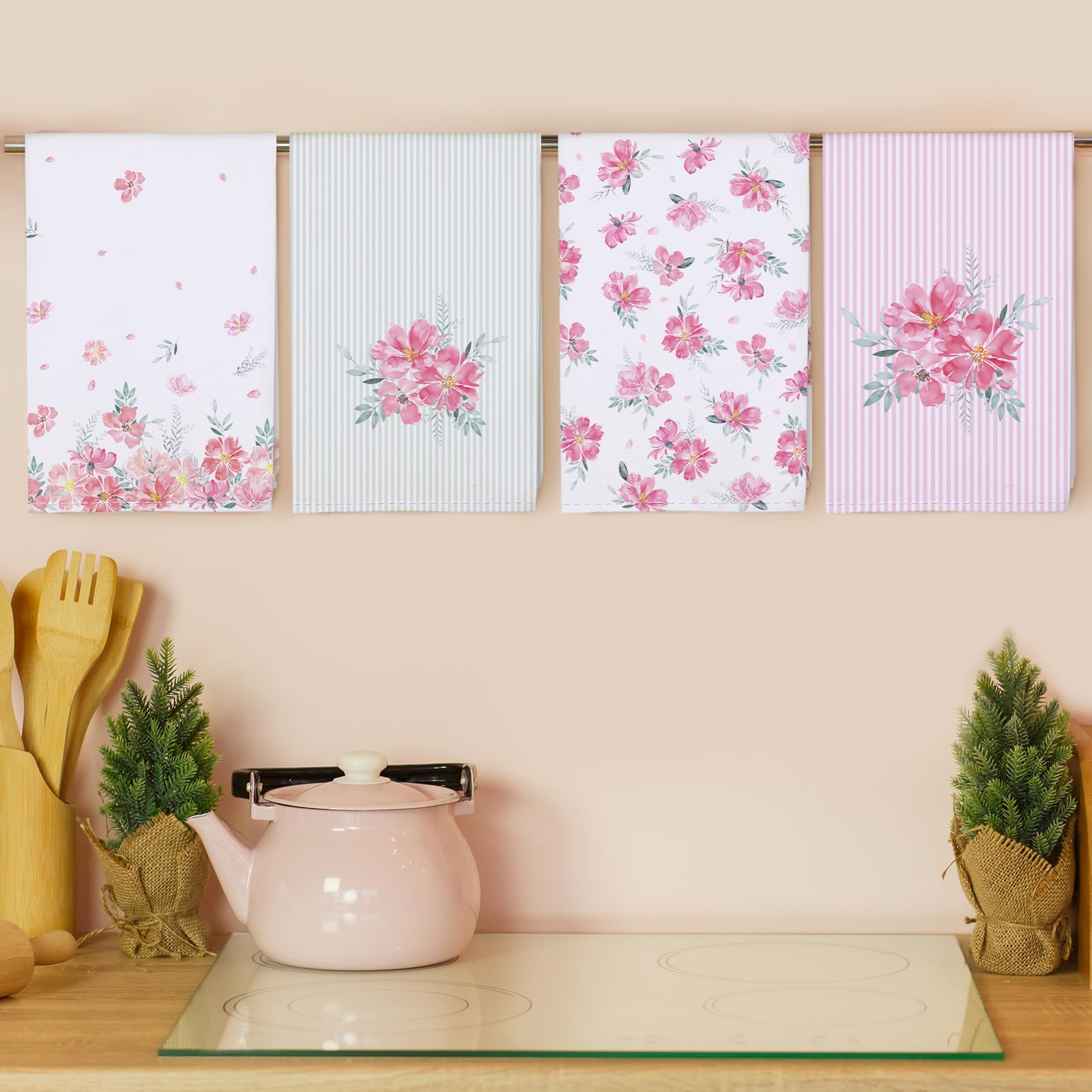 Arquiel Pink Flower Kitchen Towel 100% Cotton Quick Dry Dish Towels 20 X 27.5Inch, Dishcloth Hand Towels For Housewarming Gifts