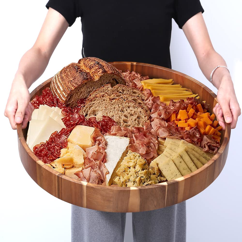 Round Wooden Serving Tray With Handles,20'' Large Diameter Wood Serving Trays For Ottoman,Rustic Acacia Wood Circle Tray For Eat