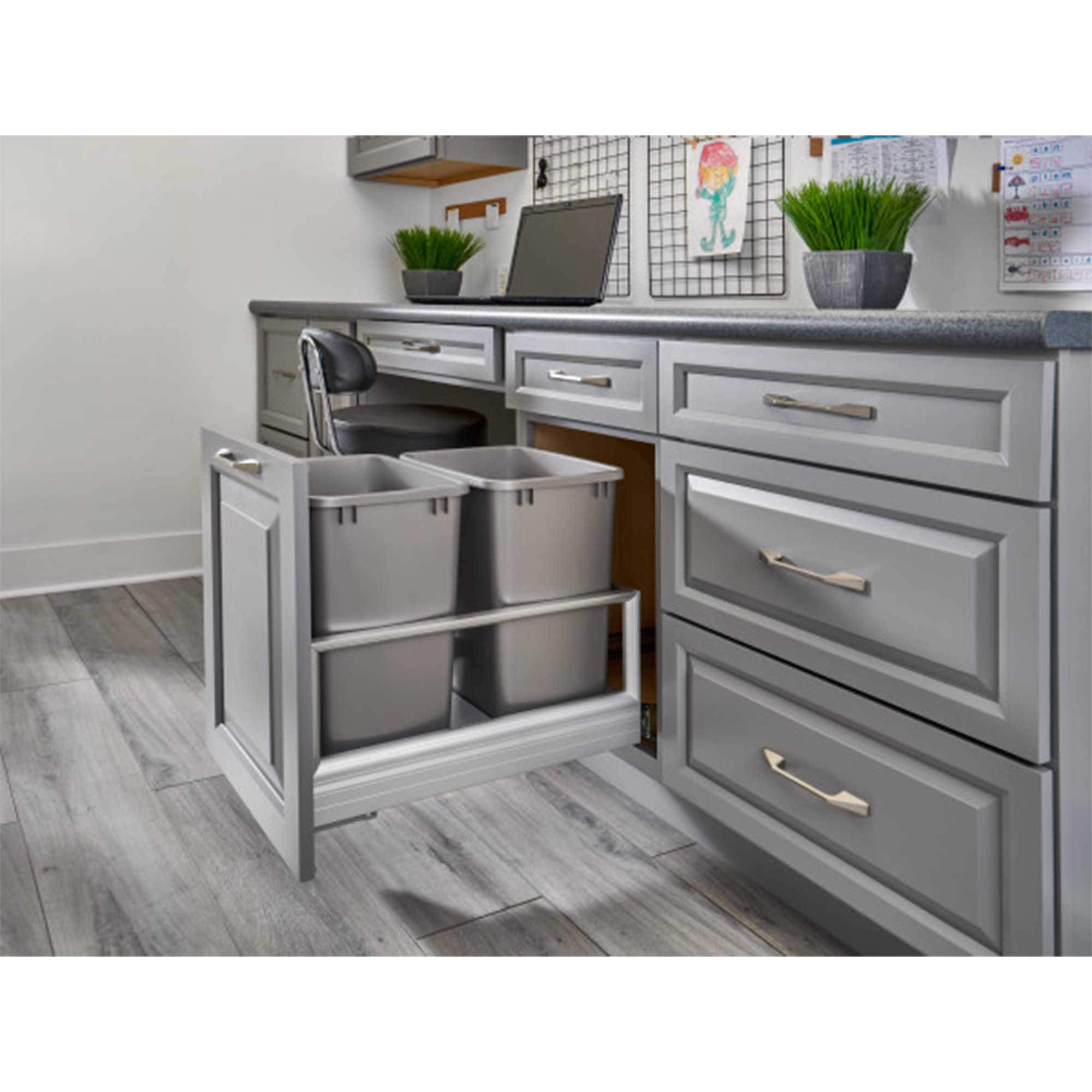 Rev-A-Shelf Double 35 Quart Pull Out Trash Can For Base Kitchen Cabinets, Storage Garage Bin On Wire Basket With Soft Close, Sil