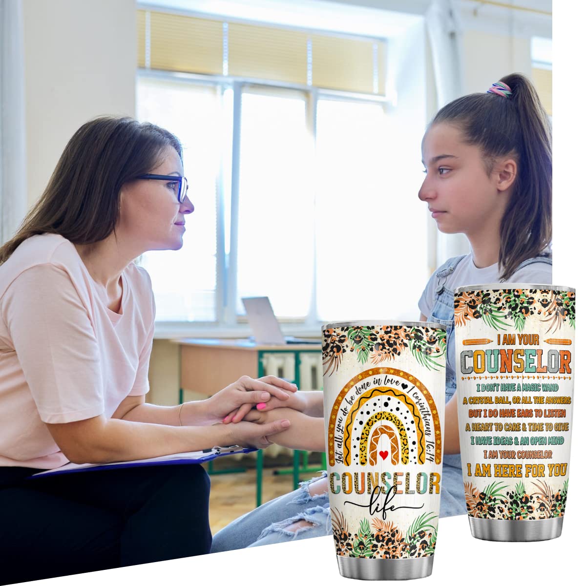 4Lieubasmi School Counselor Gifts 20Oz Tumbler, Counselor Appreciation Week, Modern Multicolor Rainbow Letter Print Stainless St