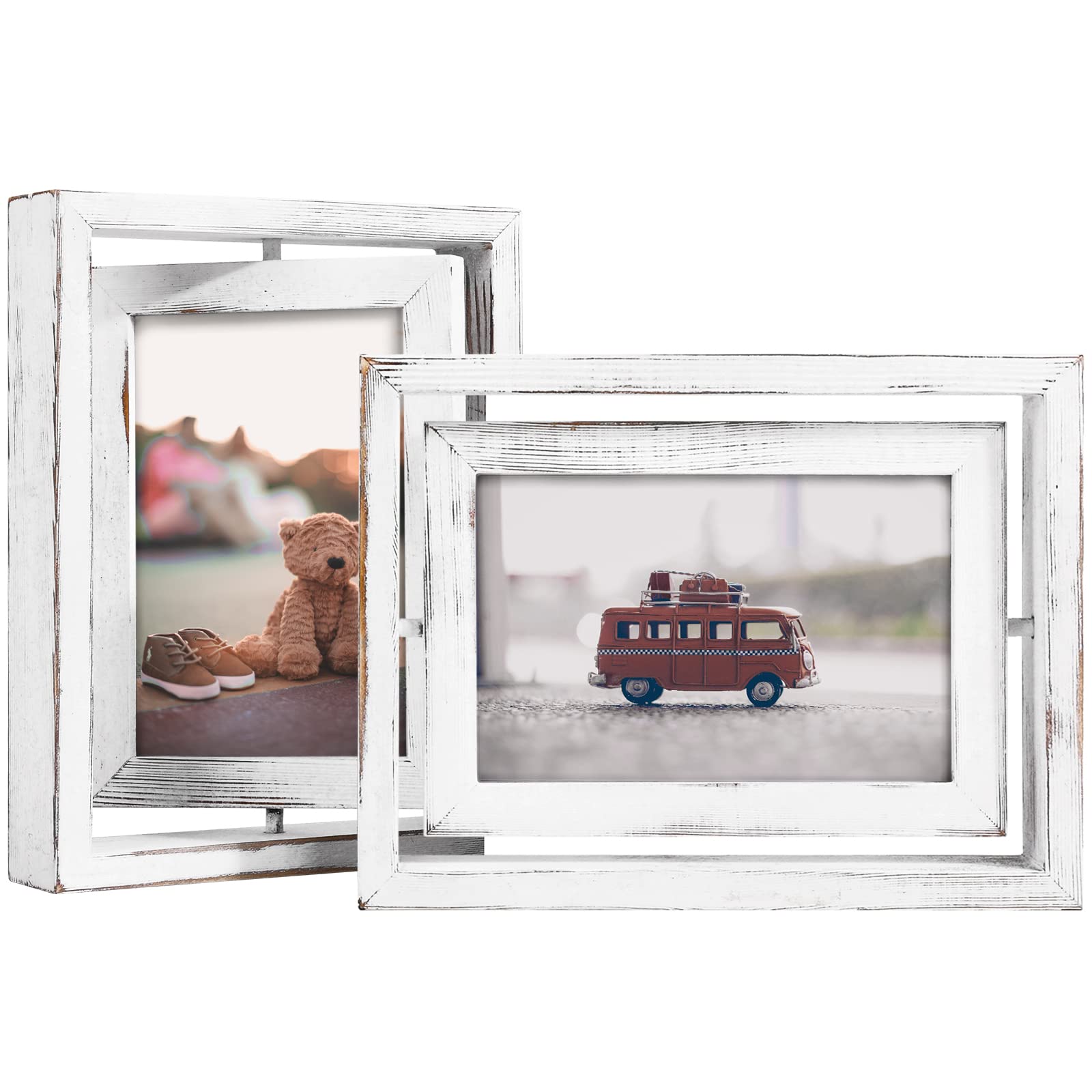 Egofine 2 Pack 5x7 Rotating Floating Picture Frames,Double-Sided Display with HD Glass Front Wooden Distressed Frame for Vertica