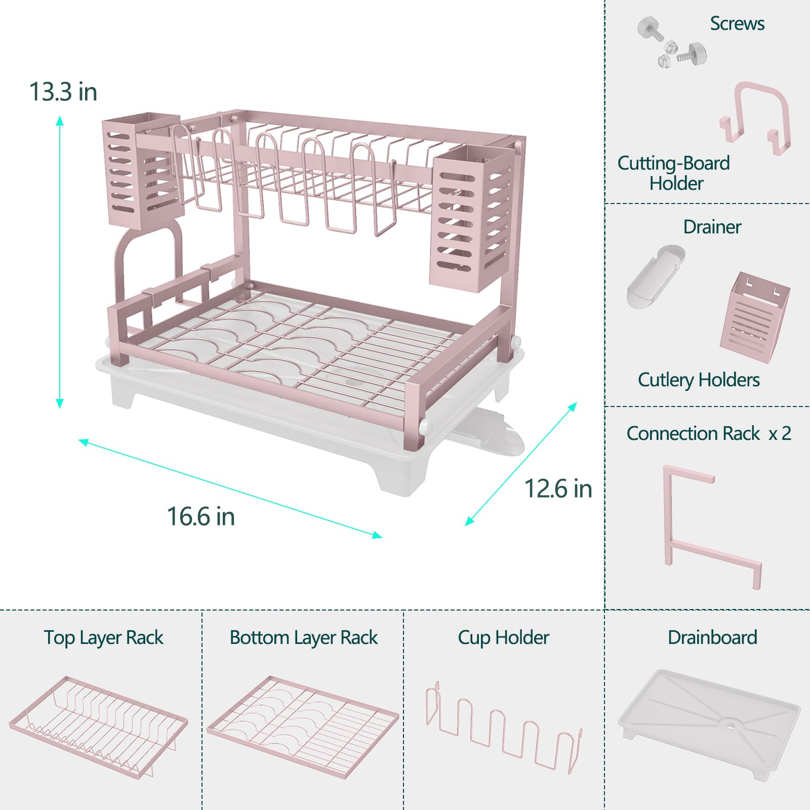 B-Land Dish Drying Rack, 2 Tier Dish Racks For Kitchen Counter, Large Dish Drying Rack With Drainboard & Utensil Holders, Rust-P