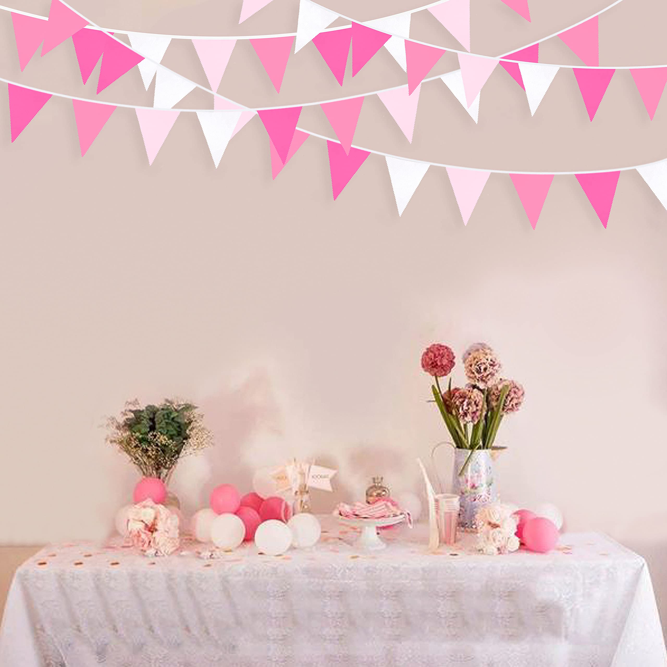 32Ft Rose Hot Pink Pennant Banner Fabric Triangle Flag Cotton Bunting Garland Kit For Wedding Birthday Baby Shower Anniversary P