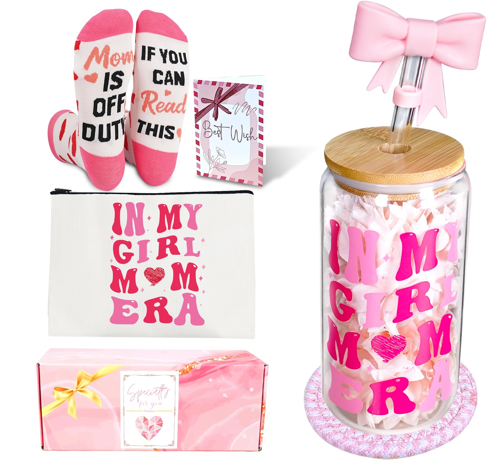 ANOTION In My Girl Mom Era Gift Set - Mama Birthday Gift, Girl Mom Iced Coffee Cups, Thanksgiving Coffee Mug with Straw, New Mot