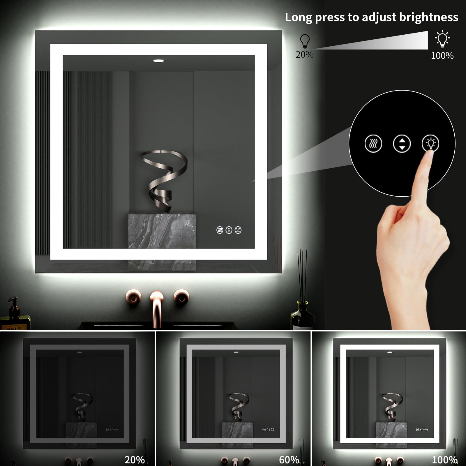 Loaao 40''X38'' Led Bathroom Mirror With Lights, Anti-Fog, Dimmable, Backlit + Front Lit, Lighted Bathroom Vanity Mirror For Wal