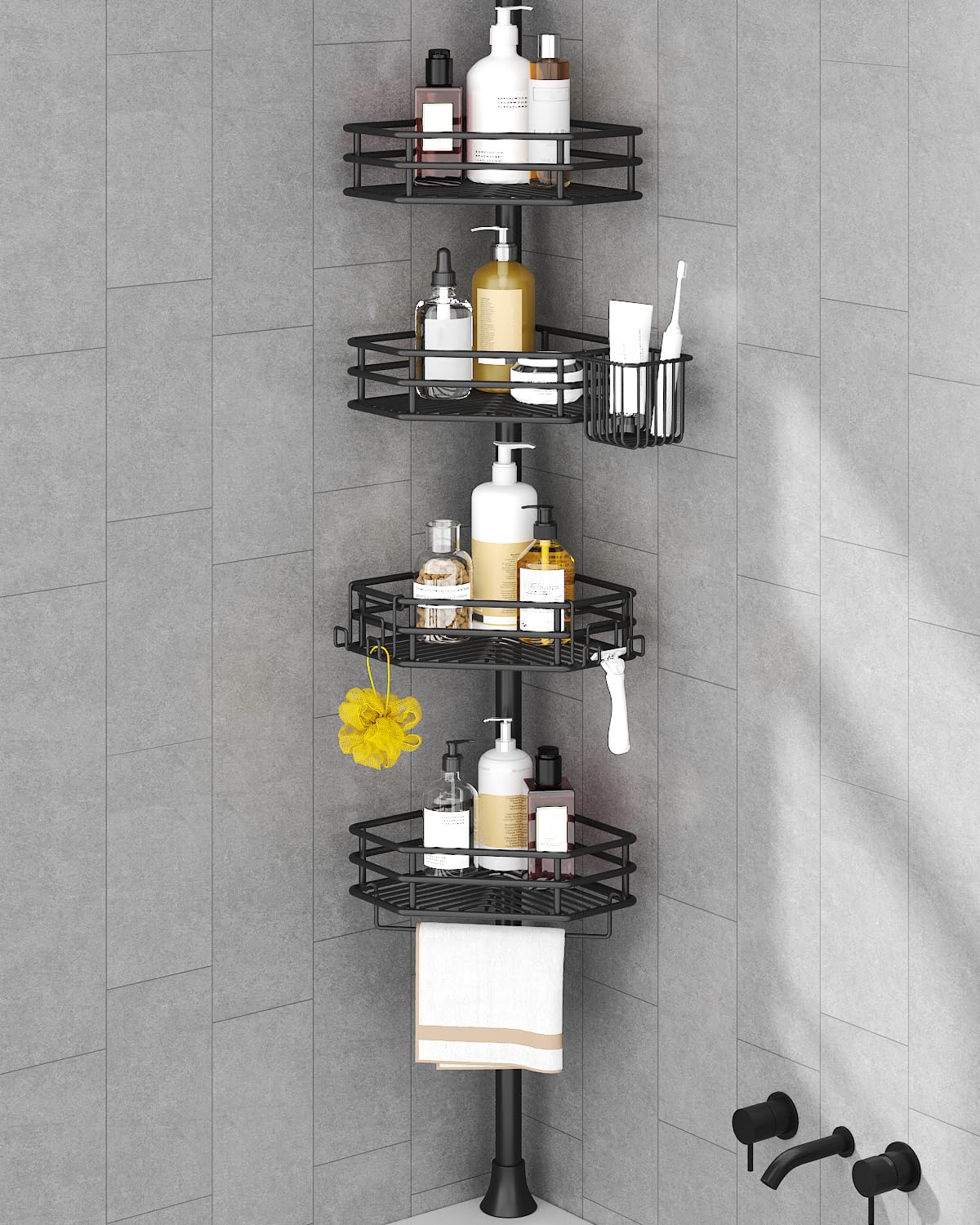 Seirione Rustproof Corner Shower Caddy Organizer, 4 Large Baskets For Storage Bathroom Accessories, Tension Pole Extend From 56