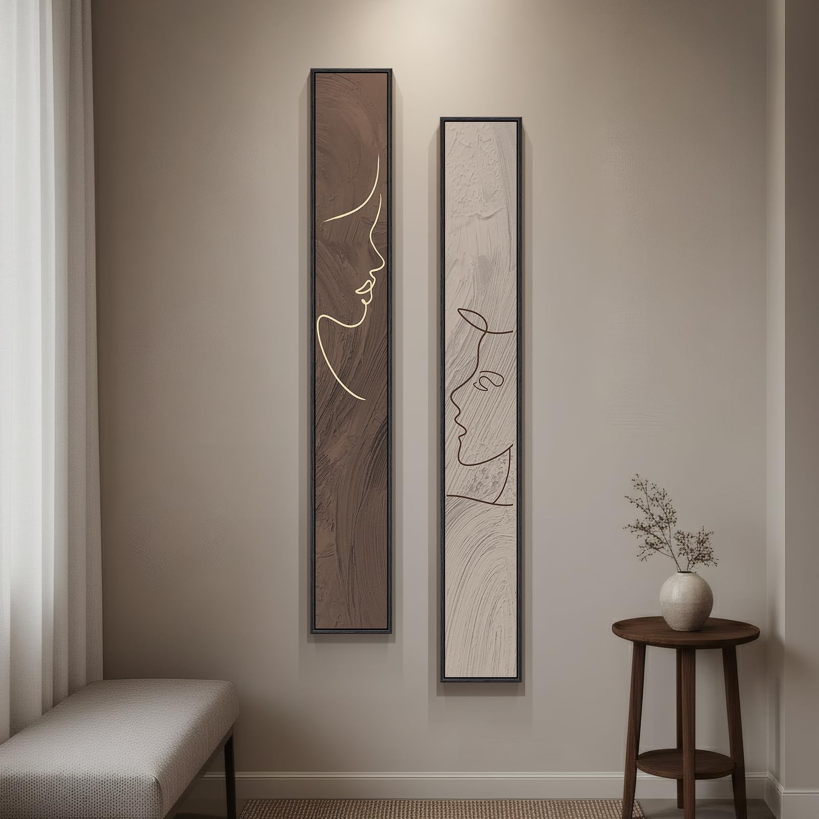 Large Framed Long Narrow Vertical Neutral Abstract Wall Art Set, 2 Piece Beige Brown Modern Canvas Prints Paintings Artwork For 