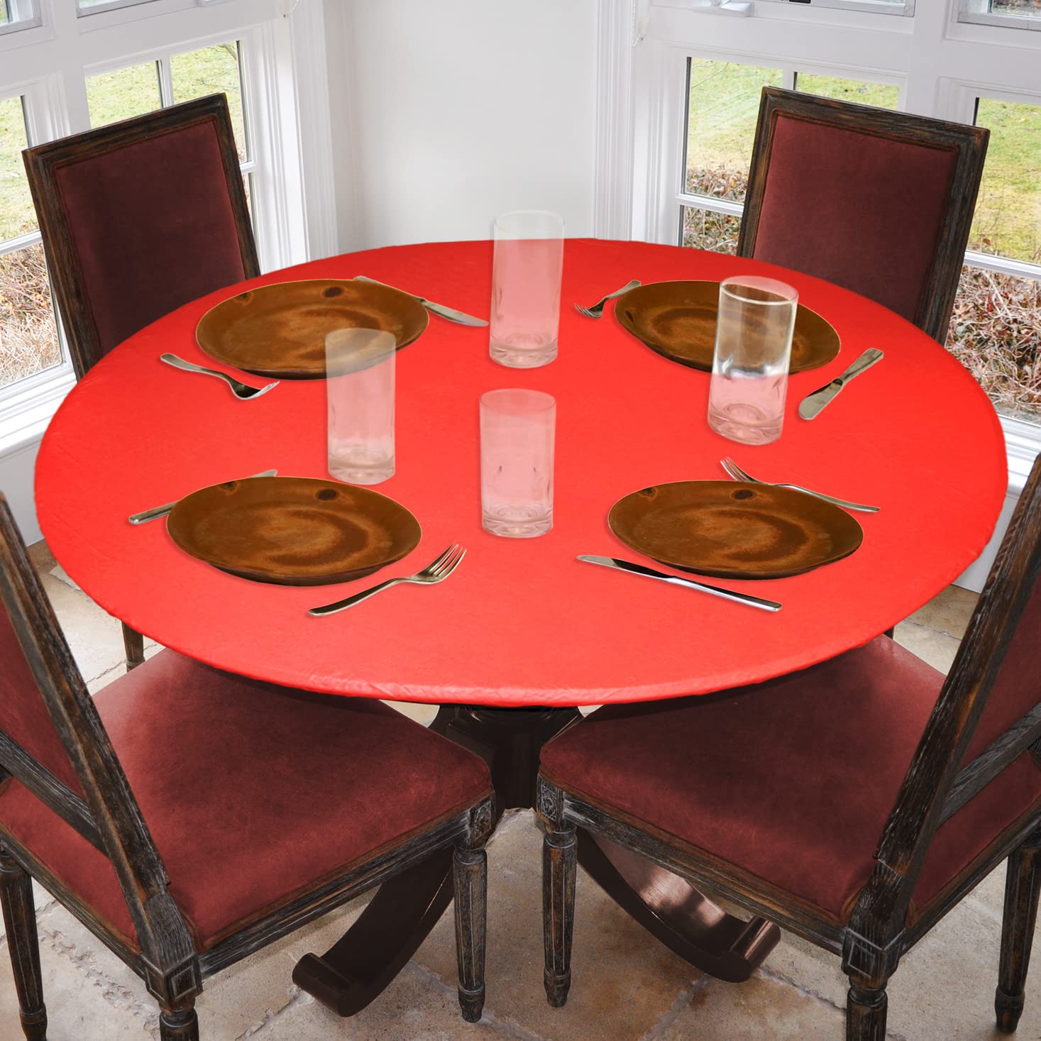 Covers For The Home Deluxe Elastic Edged Flannel Backed Vinyl Fitted Table Cover - Red Pattern - Valentine'S Day - Large Round -