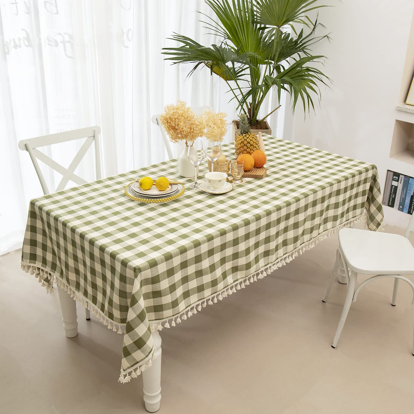 Midsummer Breeze Checkered Tablecloth Rectangle, Heavy Weight Wrinkle Free Cotton Linen Table Cloth Plaid Table Cover For Spring
