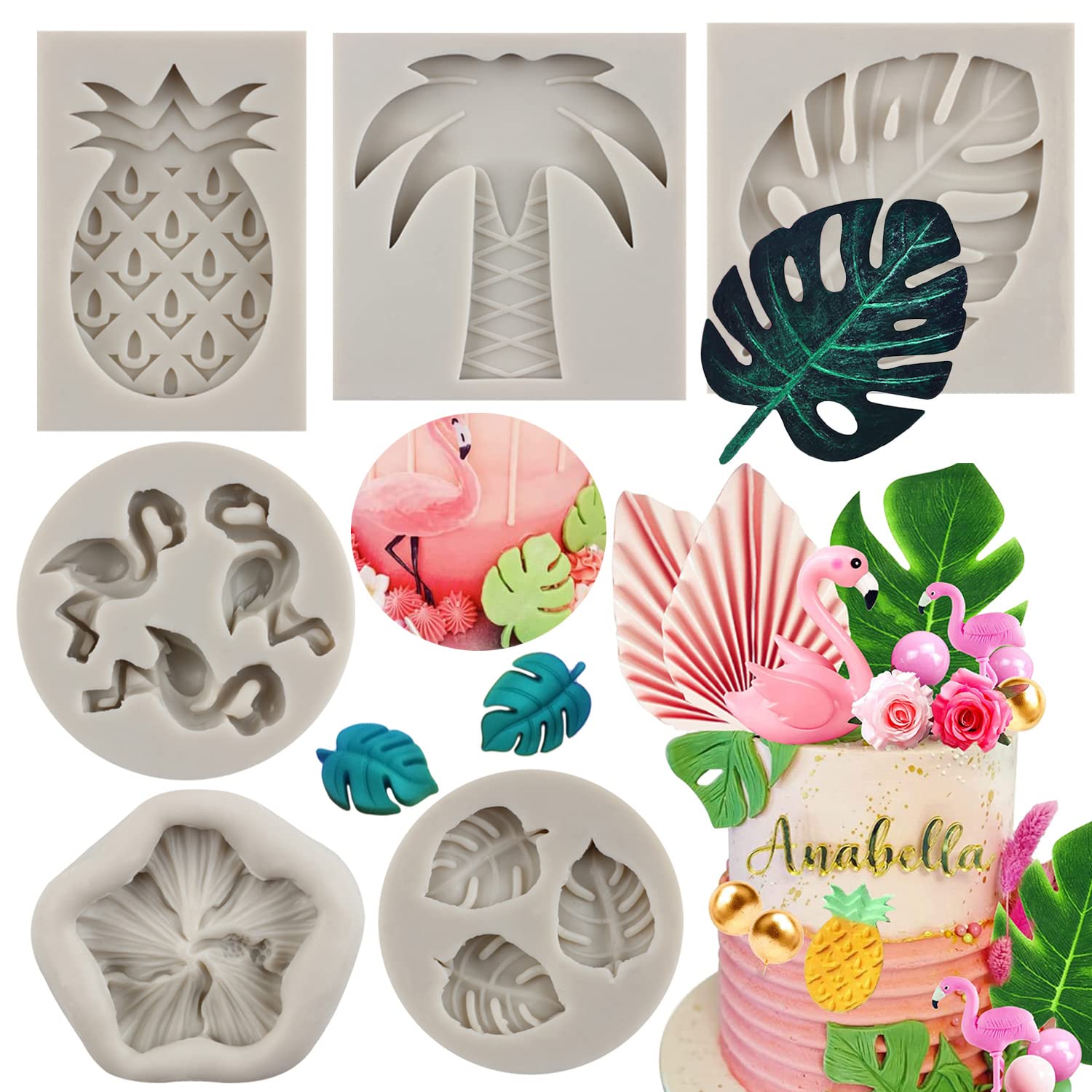 Sijiangmold Flamingo Tropical Leaf Silicone Mold Plumeria Hibiscus Flower Fondant Molds Pineapple Chocolate Molds For Cake Decor