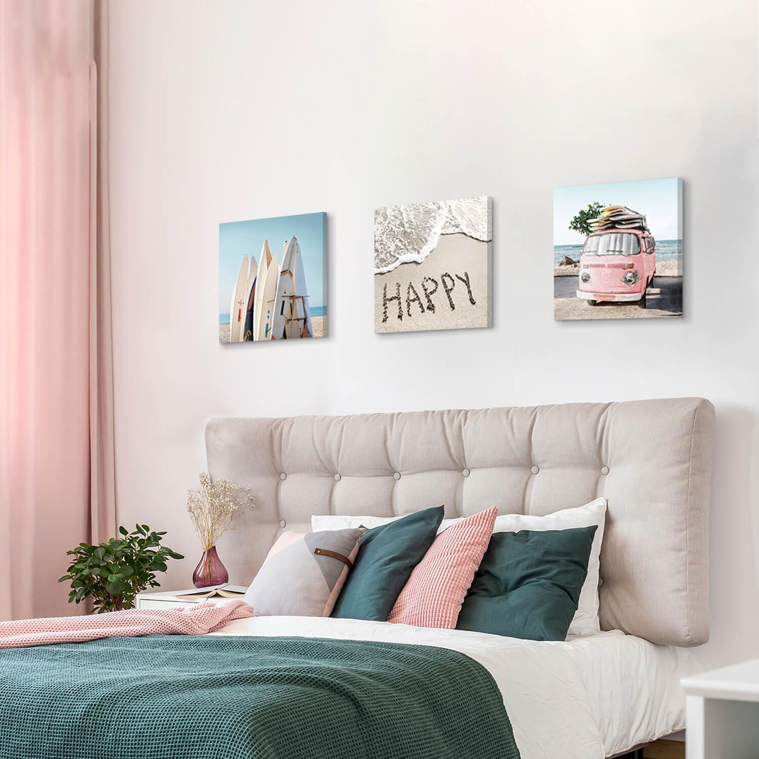 Utop-Art Beach Wall Decor Costal Canvas Wall Art Pictures Surfboards & Pink Car On Sand Artwork Canvas Painting For Living Room