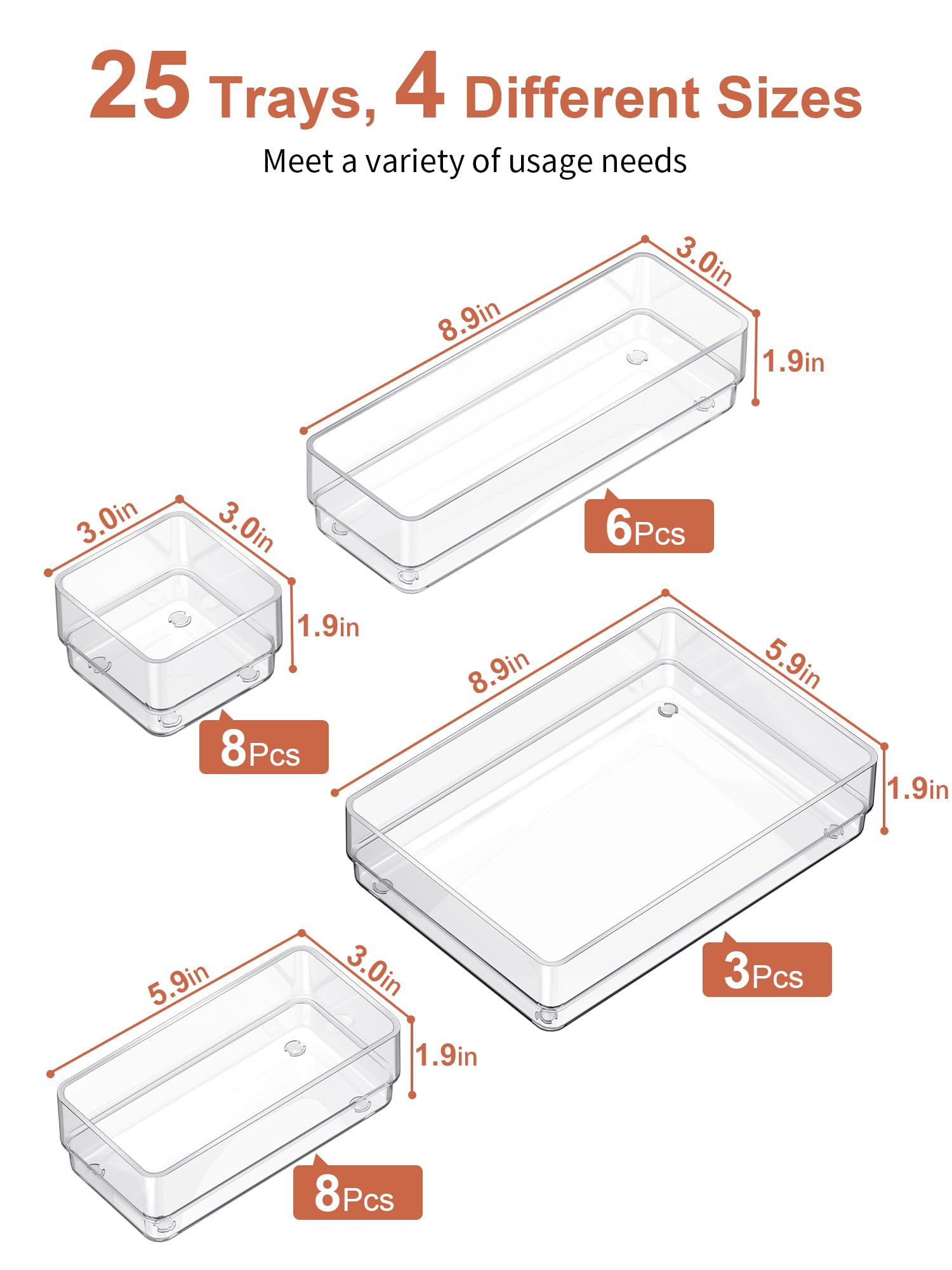 SMARTAKE 25-Piece Drawer Organizer with Non-Slip Silicone Pads, 4-Size Desk Drawer Organizer Trays Storage Tray for Makeup, Jewe