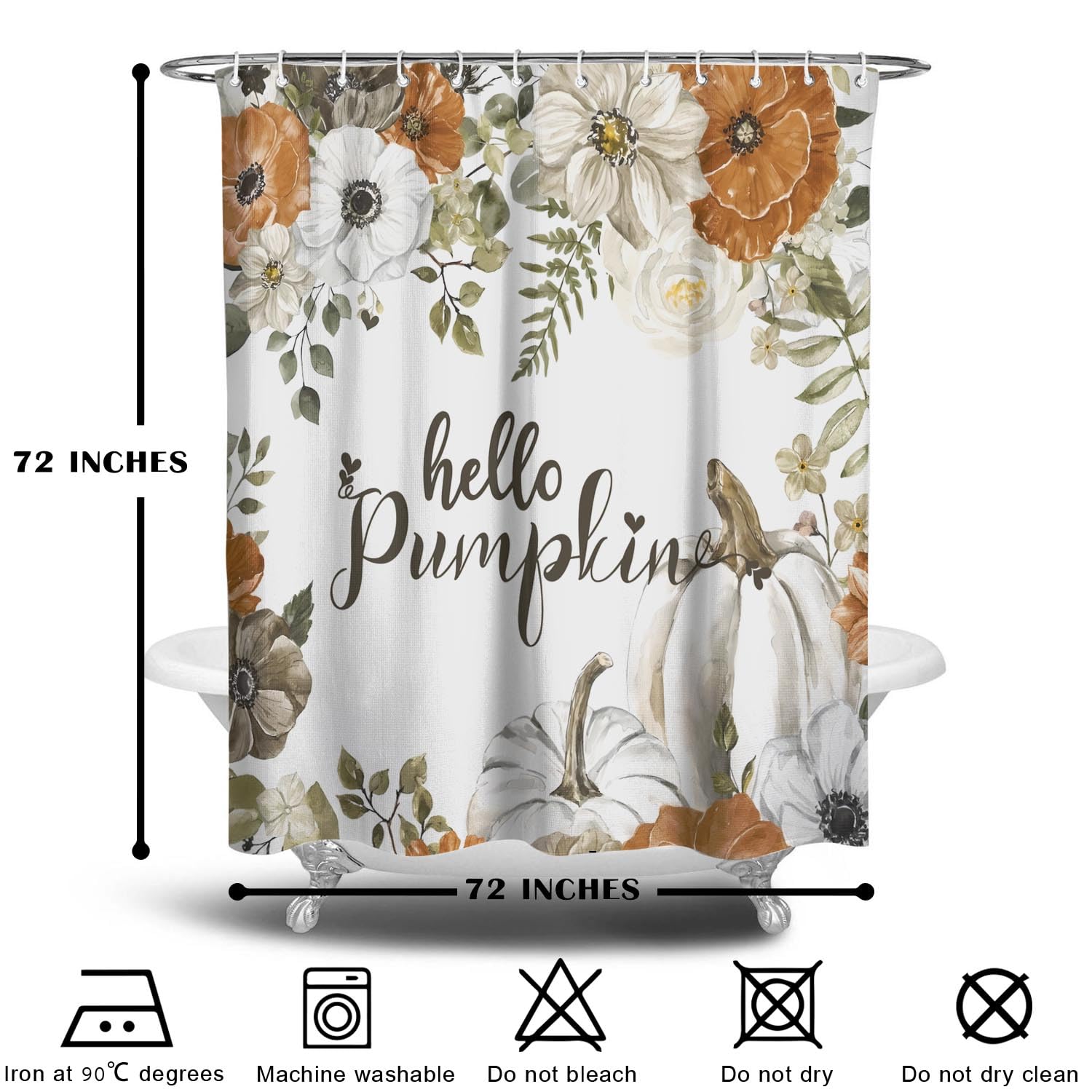 Mloabuc Hello Fall Flower Pumpkins Shower Curtain 72X72Inch, Autumn Plants On White Fall Shower Decor, Nature Print Decor Waterp