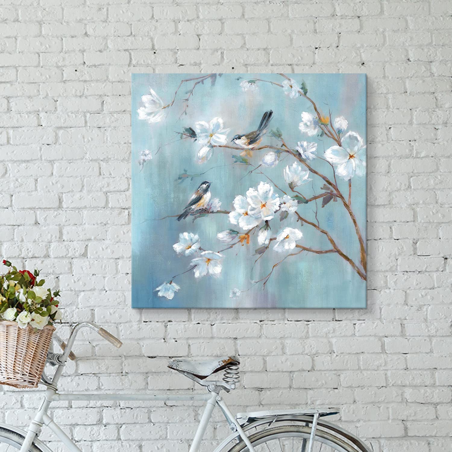 Utop-Art White Flower Canvas Wall Art: Elegant Tree And Birds Artwork Floral Painting For Bedroom (28'' X 28'' X 1 Panel)