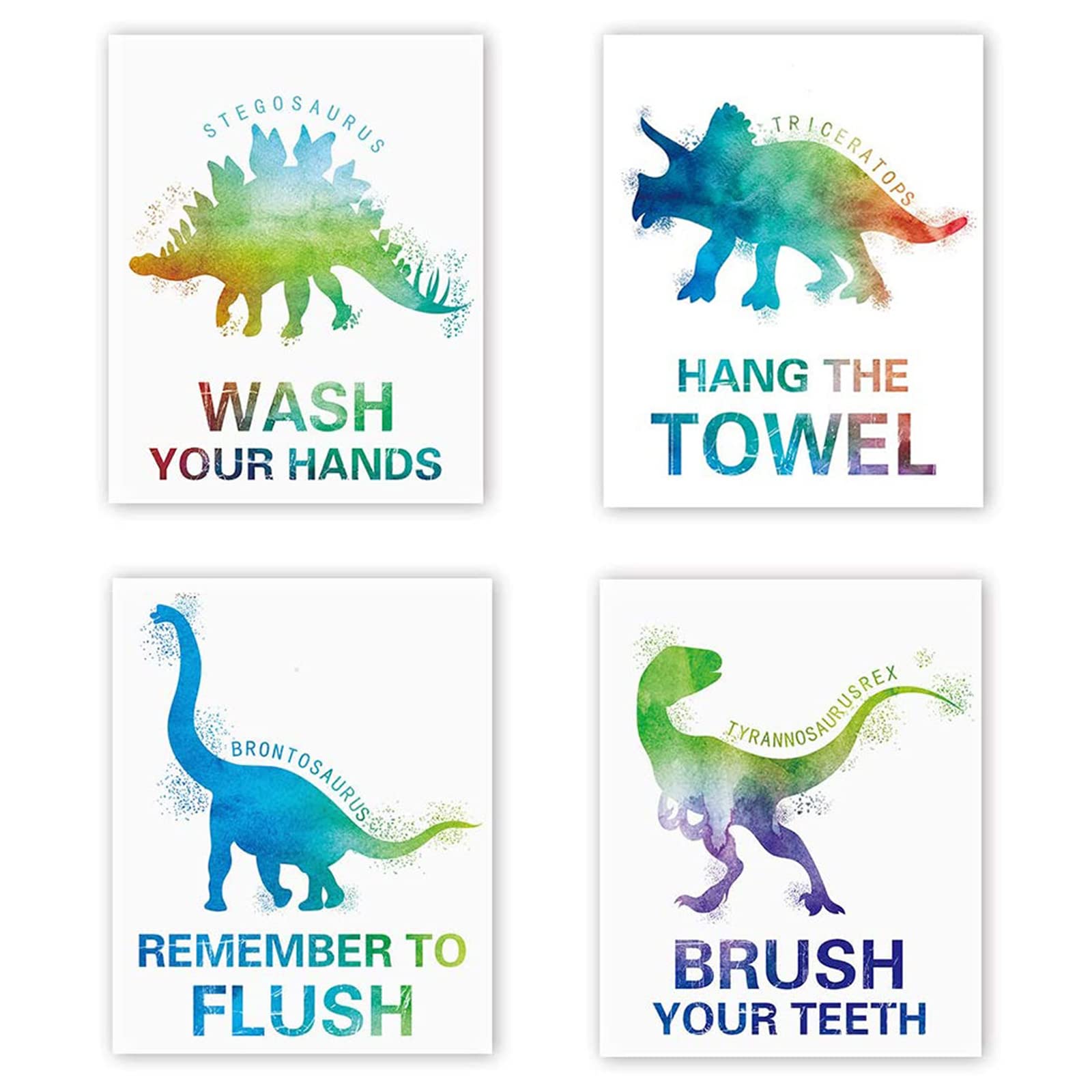 Mimeile Bathroom Wall Cute Dinosaur Art Prints Set Of 4 (8   X10   ), Watercolor Animal Art Posters Quotes Wash Flush Brush Bath