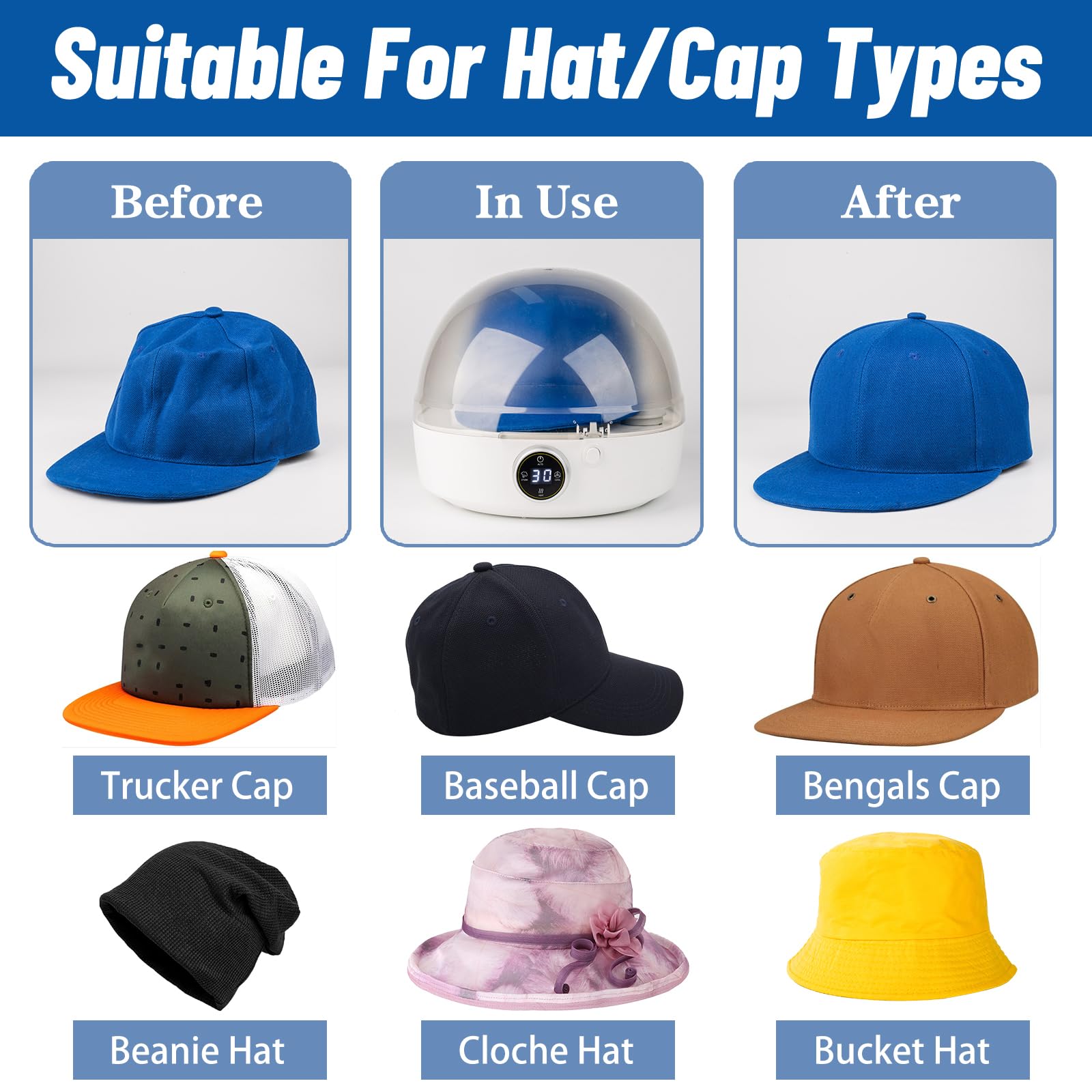 Automatic Cap Cleaner With Steam And Dry,Steam Cleaning&Ironing And Drying For Bucket Hat Baseball Cap,Hat Cleaner&Dryer For Tru