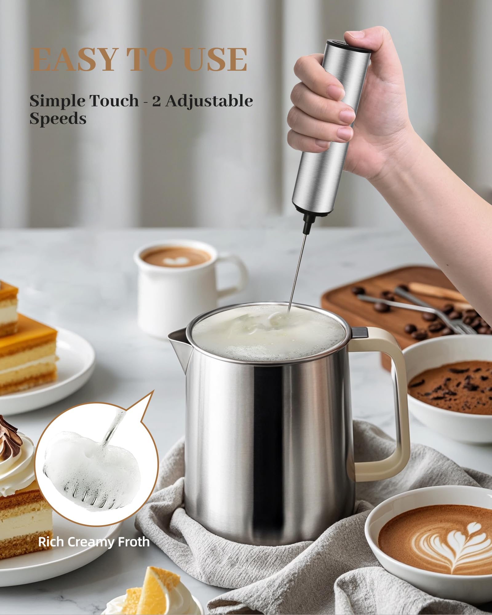 Infood Milk Frother Rechargeable With Cover - Coffee Frother Wand, Drink Mixer Handheld With 2 Detachable Stainless Whisks 2 Spe