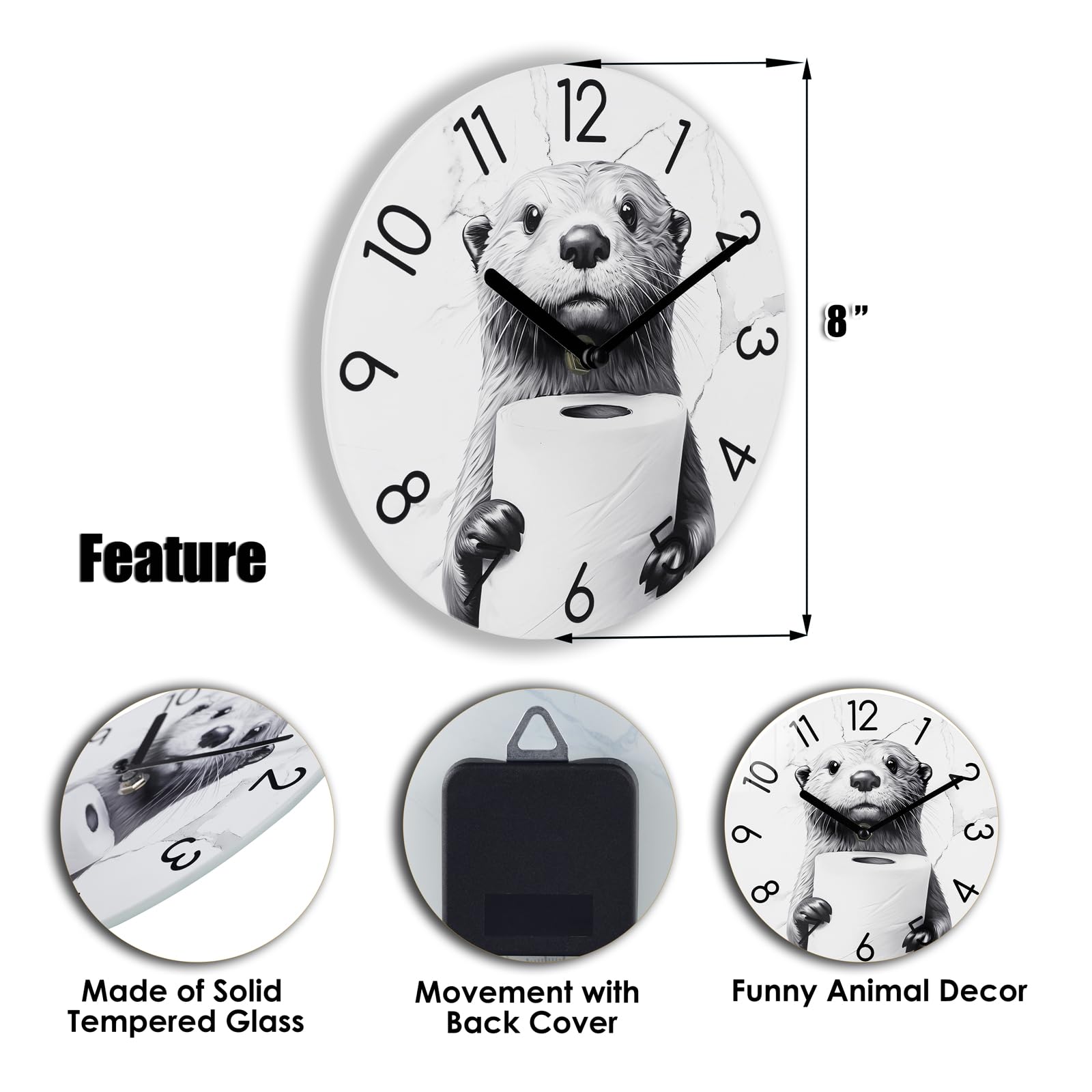 Crosstime Bathroom Wall Clock Modern Style Waterproof Glass Clock for Bathroom, Shower Wall Decor - 8 Inch,Toilet Paper in Littl