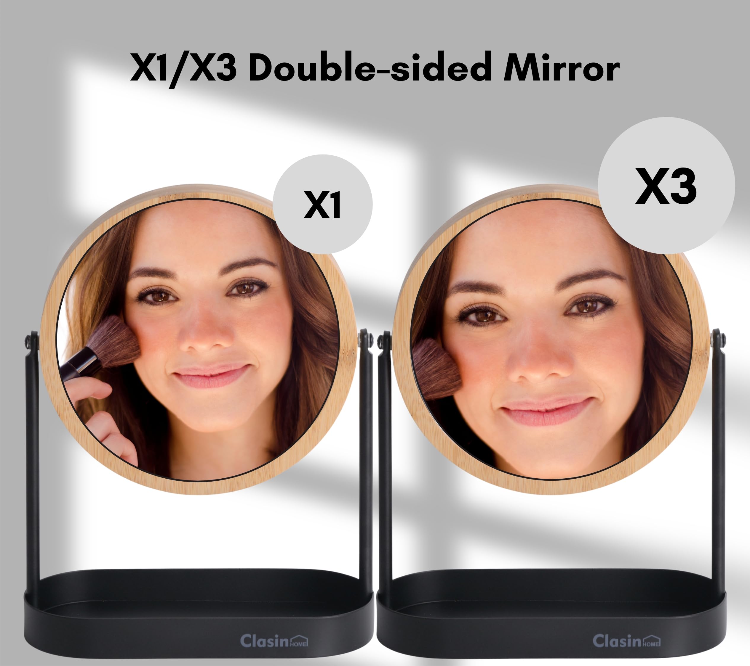 Clasin Home Bamboo Makeup Mirror With Storage, Double Sided Vanity Mirror 360 Rotation, 1X 3X Magnifying Table Mirror For Desk,
