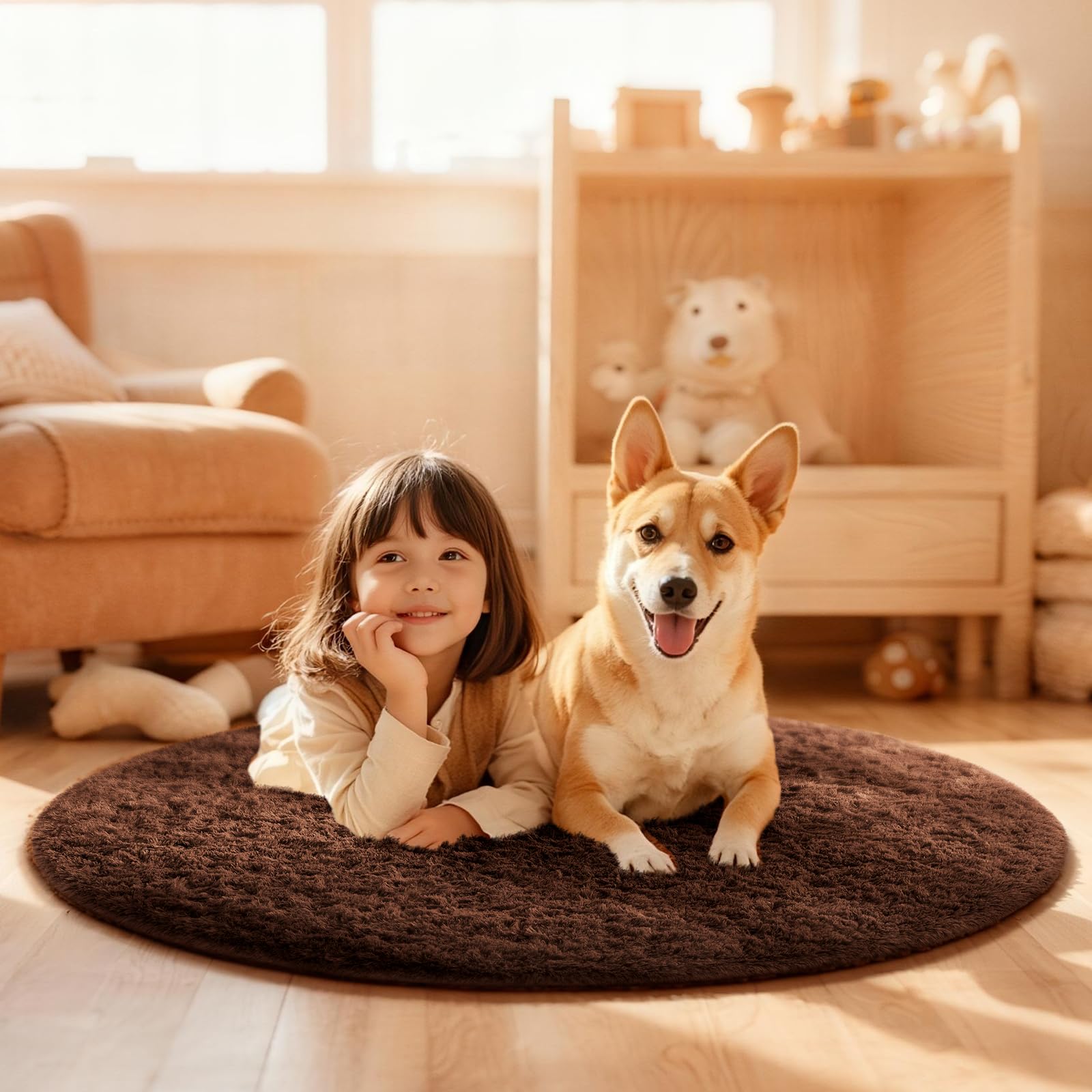 Ophanie Round Rug 4Ft Brown Circle Area Rug, Fluffy Fuzzy Small Bedroom Carpet, Plush Soft Shaggy Floor Living Room Circular Chr