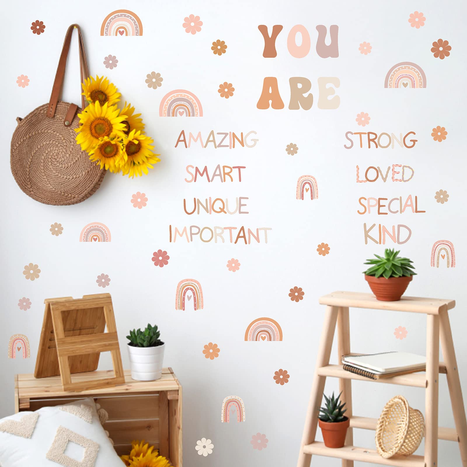 Inspirational Quote Wall Decals Flower Rainbow Wall Sticker For Kids Girls Bedroom Peel And Stick Positive Saying Wall Decals Mo
