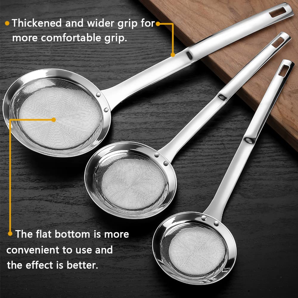 Hvanam Sieve Fine Mesh Strainer Set Stainless Steel Metal Flat Cooking Skimmer Ladle Colander With Handle Food Strainer Kitchen