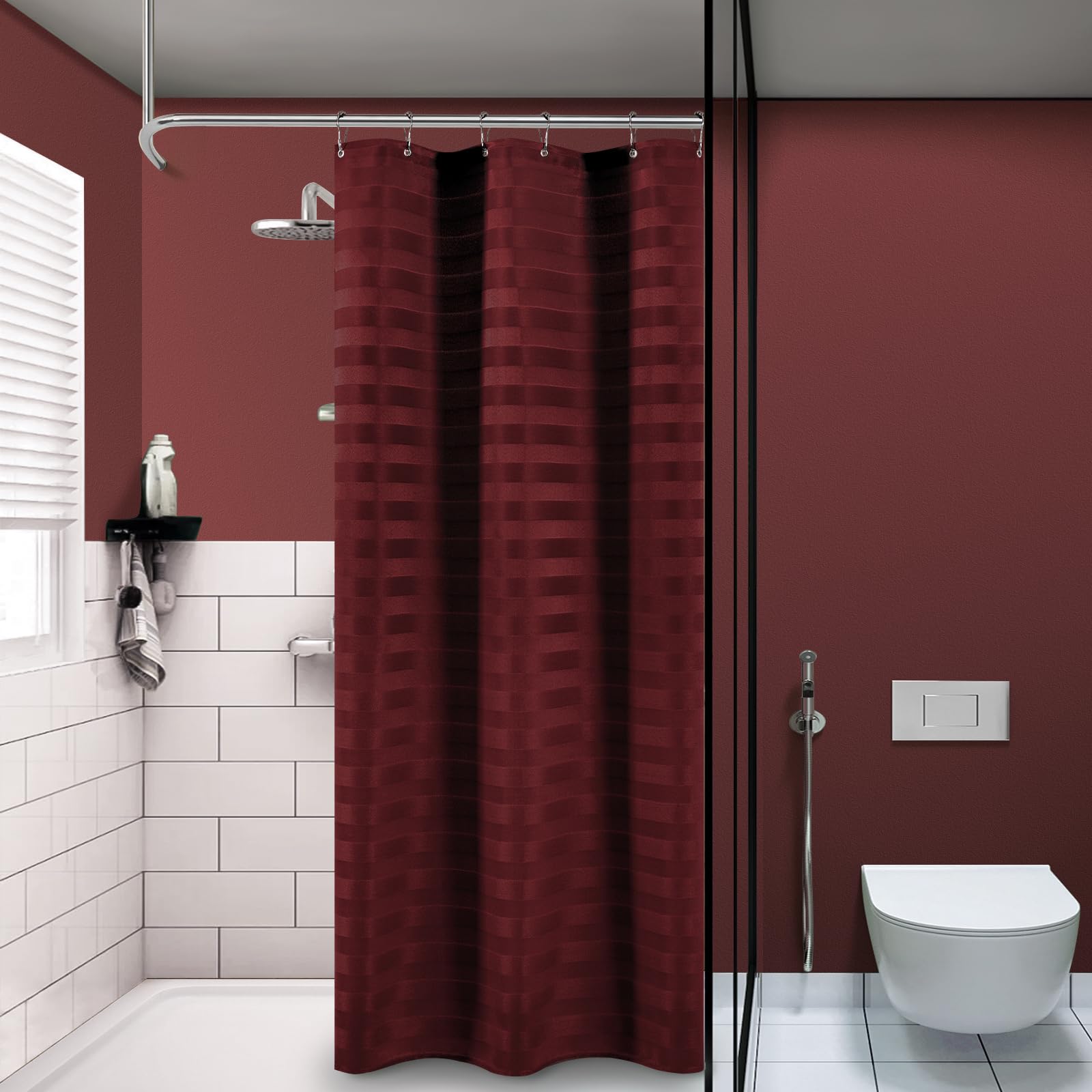 Pangsinne Stall Burgundy Fabric Shower Curtain - Striped Small Heavy Duty Cloth Shower Curtains For Bathroom, 230Gsm Narrow Hote