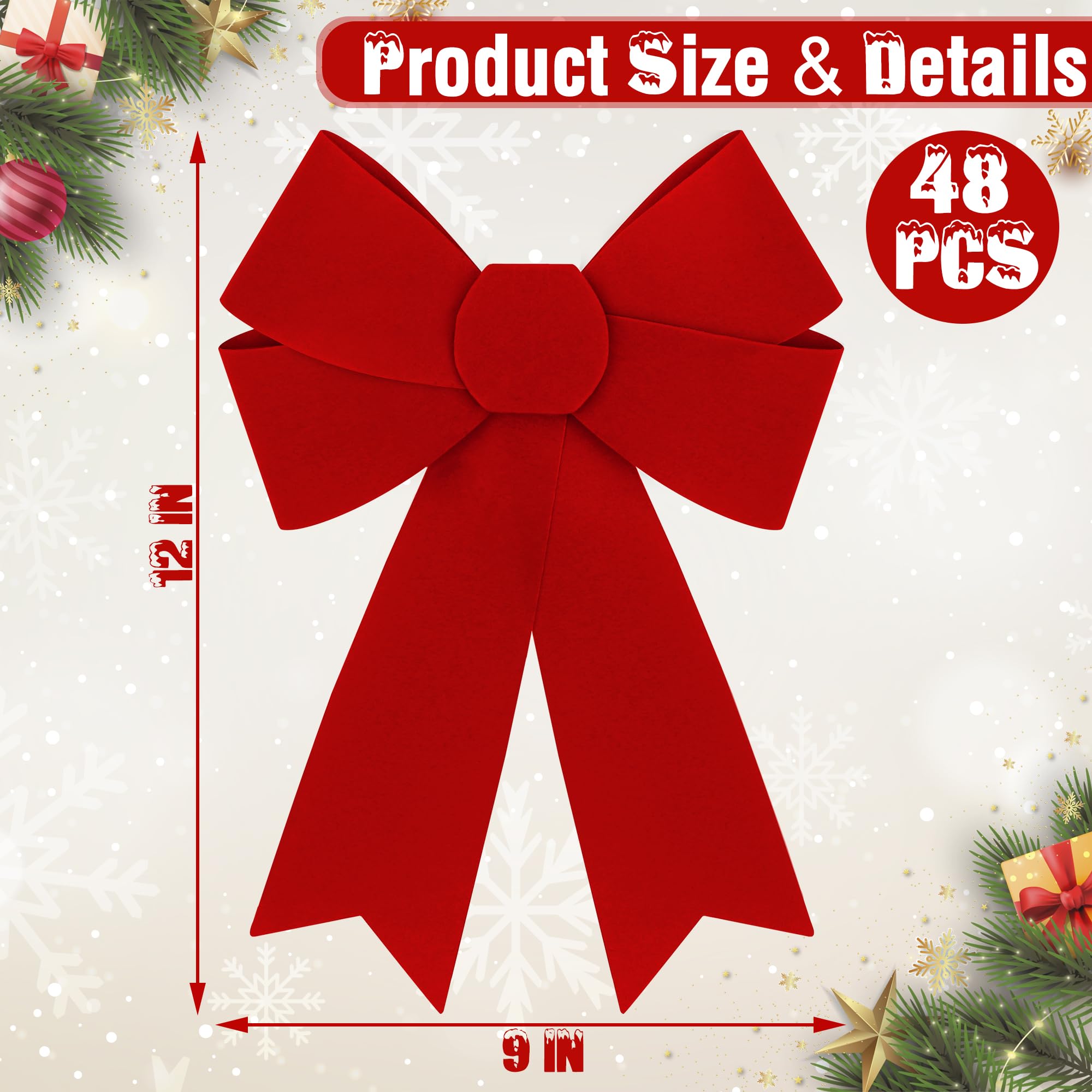 48 PCS Christmas Decorations, 9 x 12 Inches Large Christmas Bows, Red Velvet PVC Hanging Xmas Tree Decorations Indoor Outdoor Xm