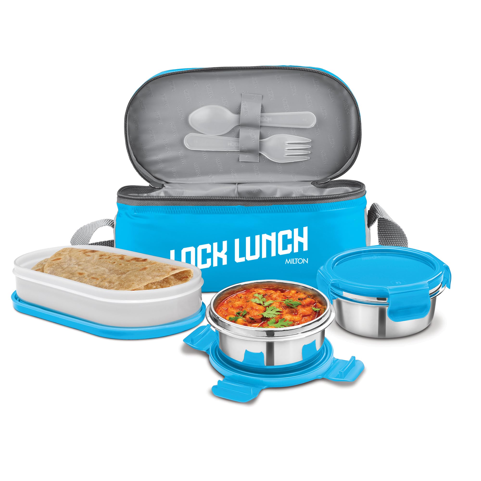 Milton Lock Lunch Box (2 Round Inner Steel Containers 320Ml Each, 1 Microwave Safe Oval Container 450Ml; Plastic Cutleries) With