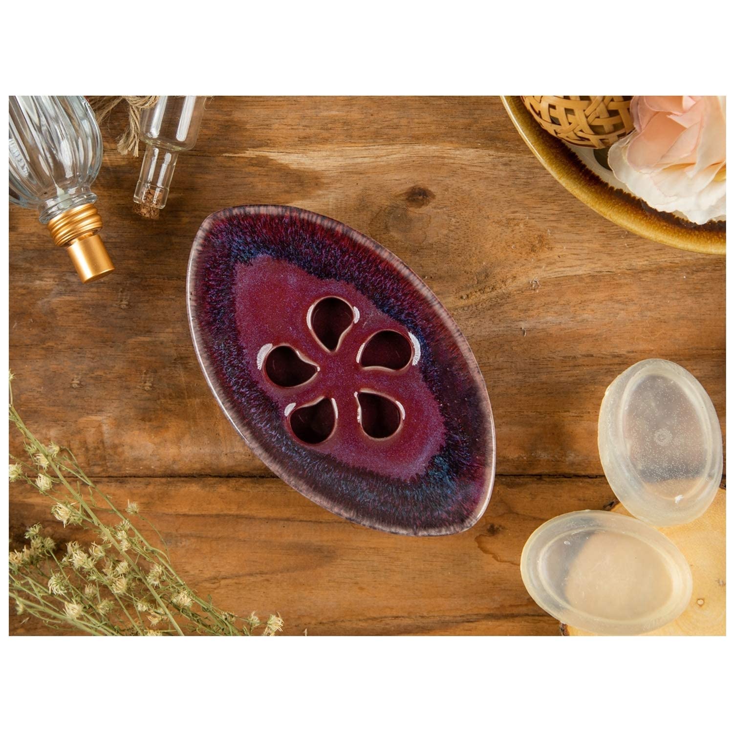 Lungmongkol Shop Ceramic Soap Dish With Self Draining Tray For Bar Soap, Bathroom, Kitchen (Purple)