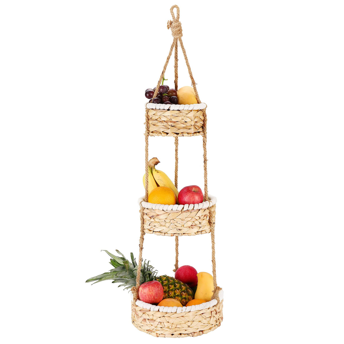 3 Tier Hanging Fruit Basket For Kitchen, Handmade Natural Woven Wicker Seagrass Hanging Basket For Fruit And Vegetable Counterto