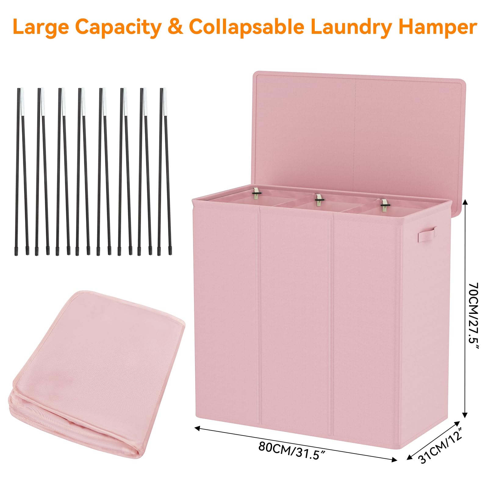 Wowlive 180L Laundry Hamper With Lid 3 Section,Large Laundry Basket With Removable Bags And Handles,Collapsible Dirty Clothes Ha