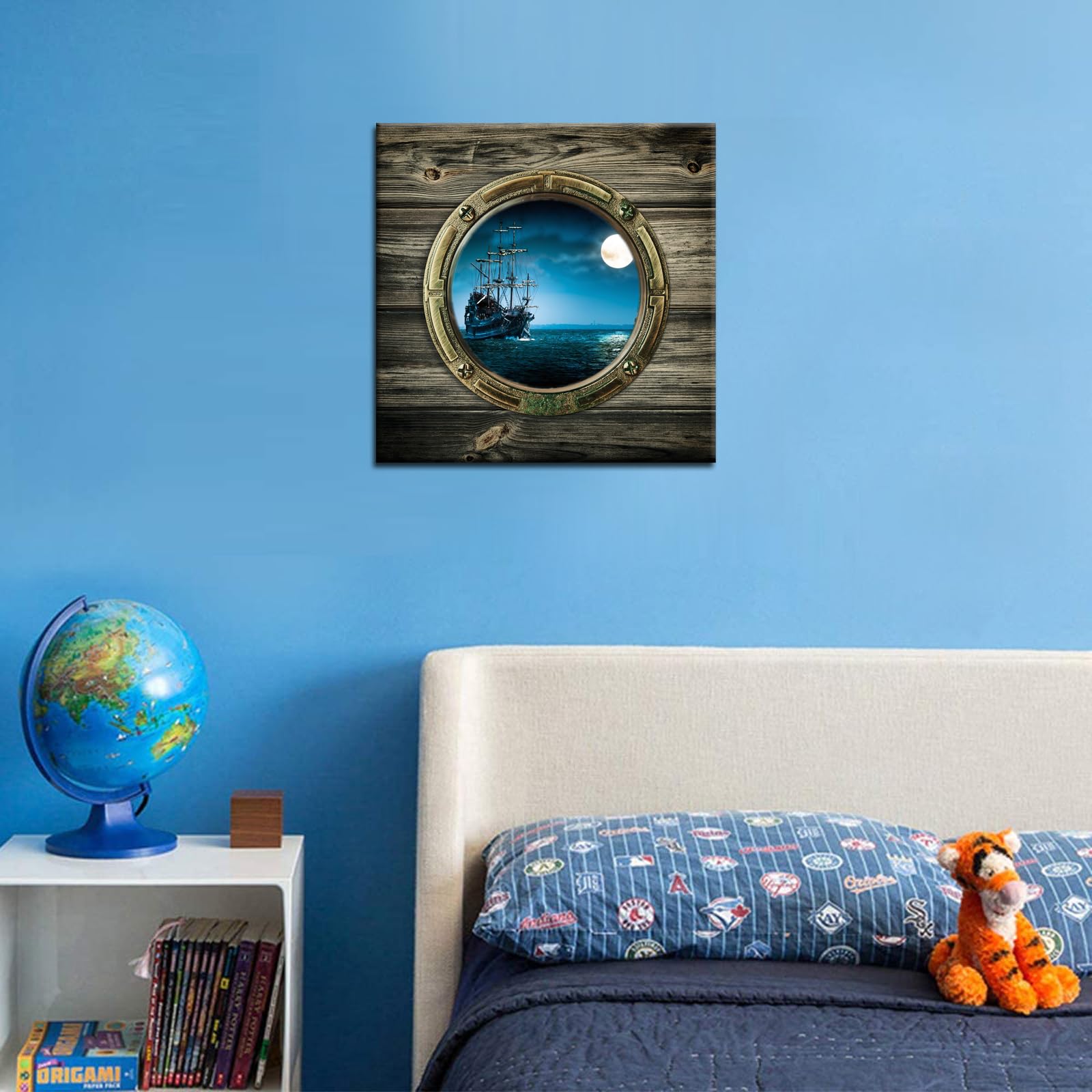 Biuteawal - Full Moon Night Ocean Window View Canvas Wall Art Sailing Boat Picture Seascape Painting Prints Contemporary Artwork for Home Office Decor Gallery Wrapped Ready to Hang