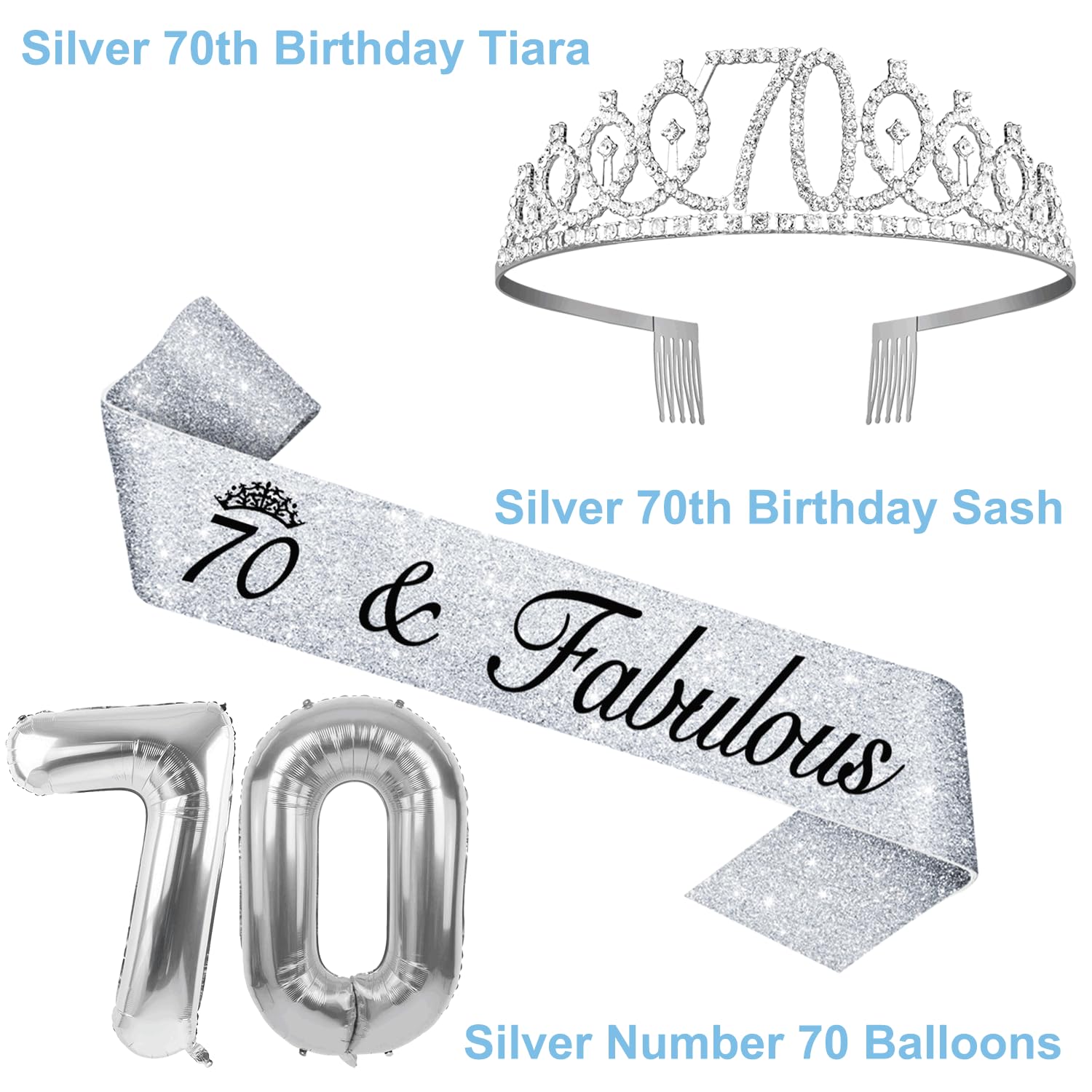 70th Birthday Decorations for Women Silver with 70th Birthday Sash and Crown, Cake Topper and Candles, Silver Number Balloons, 7