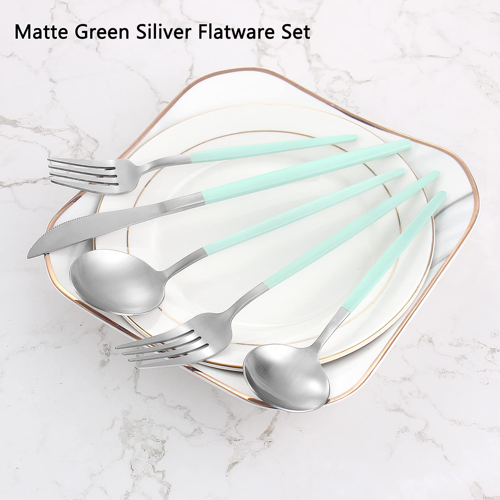 VANVRO Matte Green Silver Silverware Set  20-Piece Stainless Steel Flatware Set  Satin Finish tableware Cutlery Set  Service for 4  Home and Restaurant  Dishwasher Safe