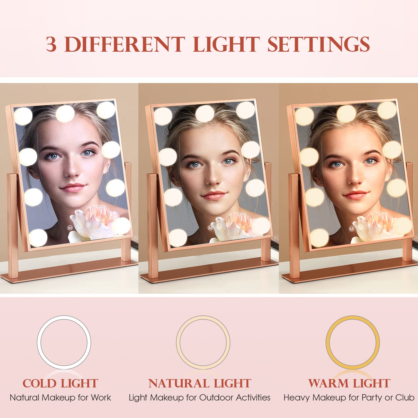 Bwllni Makeup Mirror With Lights, Hollywood Mirror Lighted Vanity Mirror With 9 Led Bulbs, Touch Control Design 3 Colors Dimmabl