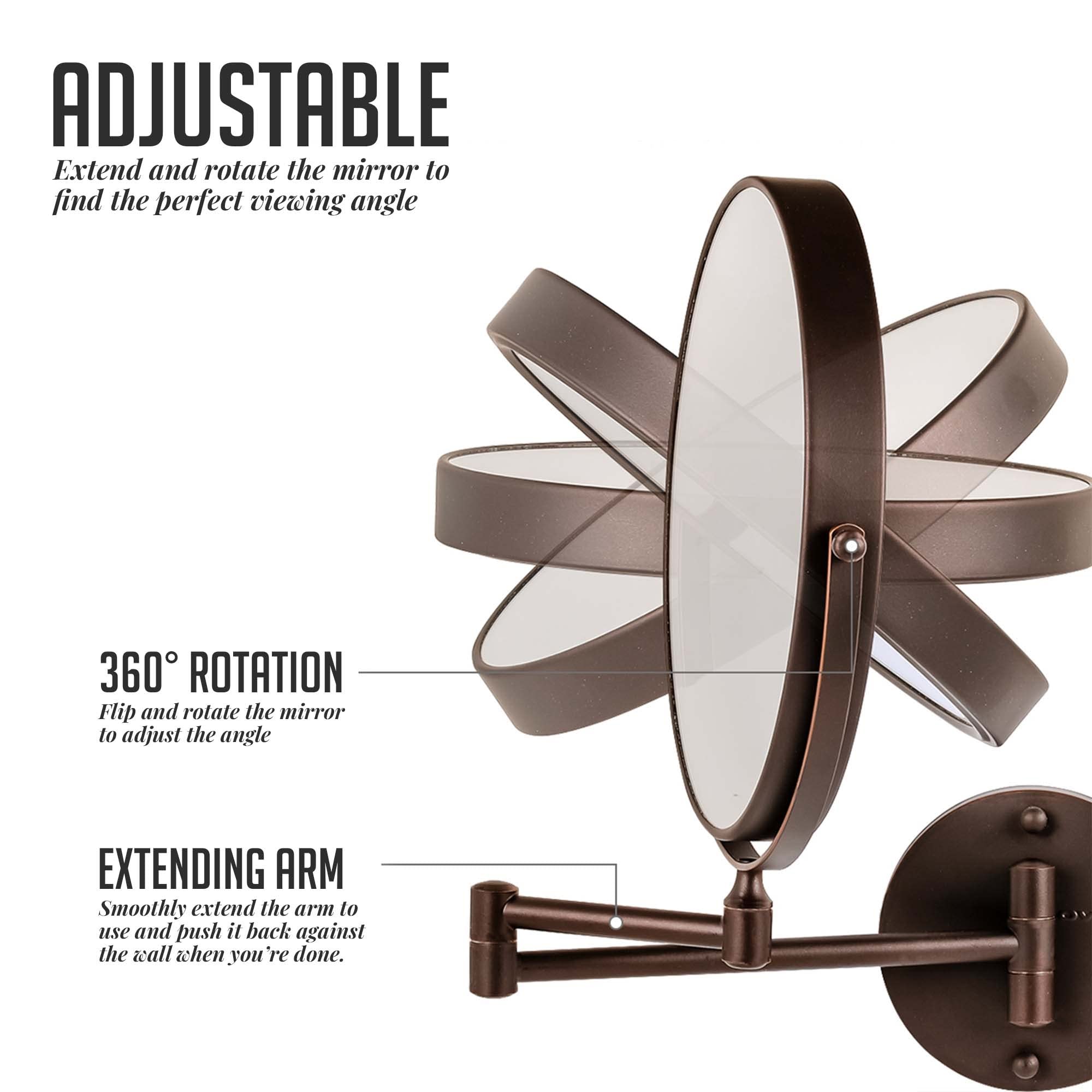 Ovente 9'' Wall Mounted Makeup Mirror - 1X/ 7X Magnification, Rotating 360-Degree, Double-Sided, Extendable & Folding Arm, Clear