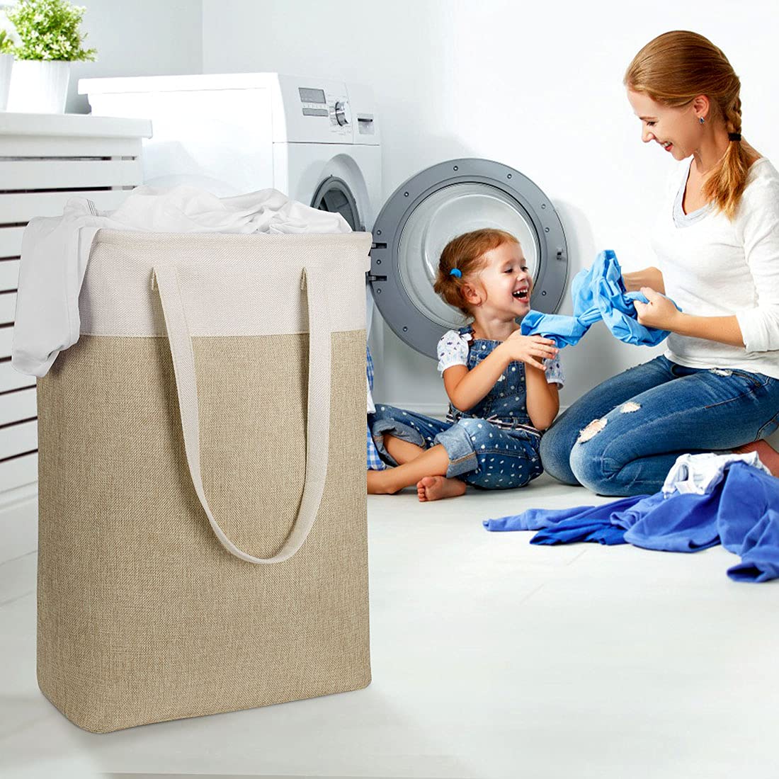 i BKGOO Laundry Basket with Handles Beige&Khaki-Slim Laundry Bin Collapsible Dirty Clothes Basket Narrow Laundry Bag Foldable Dirty Hamper for Camping  Dorms  Apartments