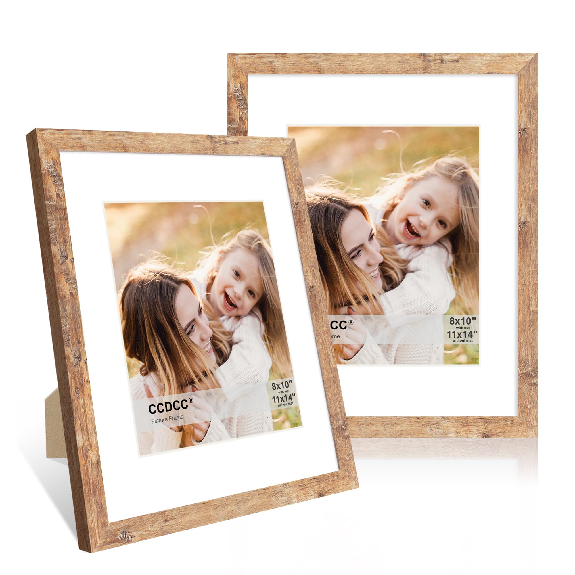 ccdcc 11x14 Picture Frame Set of 2, 11 x 14 Wood Photo Frames with Mat for 8x10, Natural Wooden Frame with Real Glass Cover for 