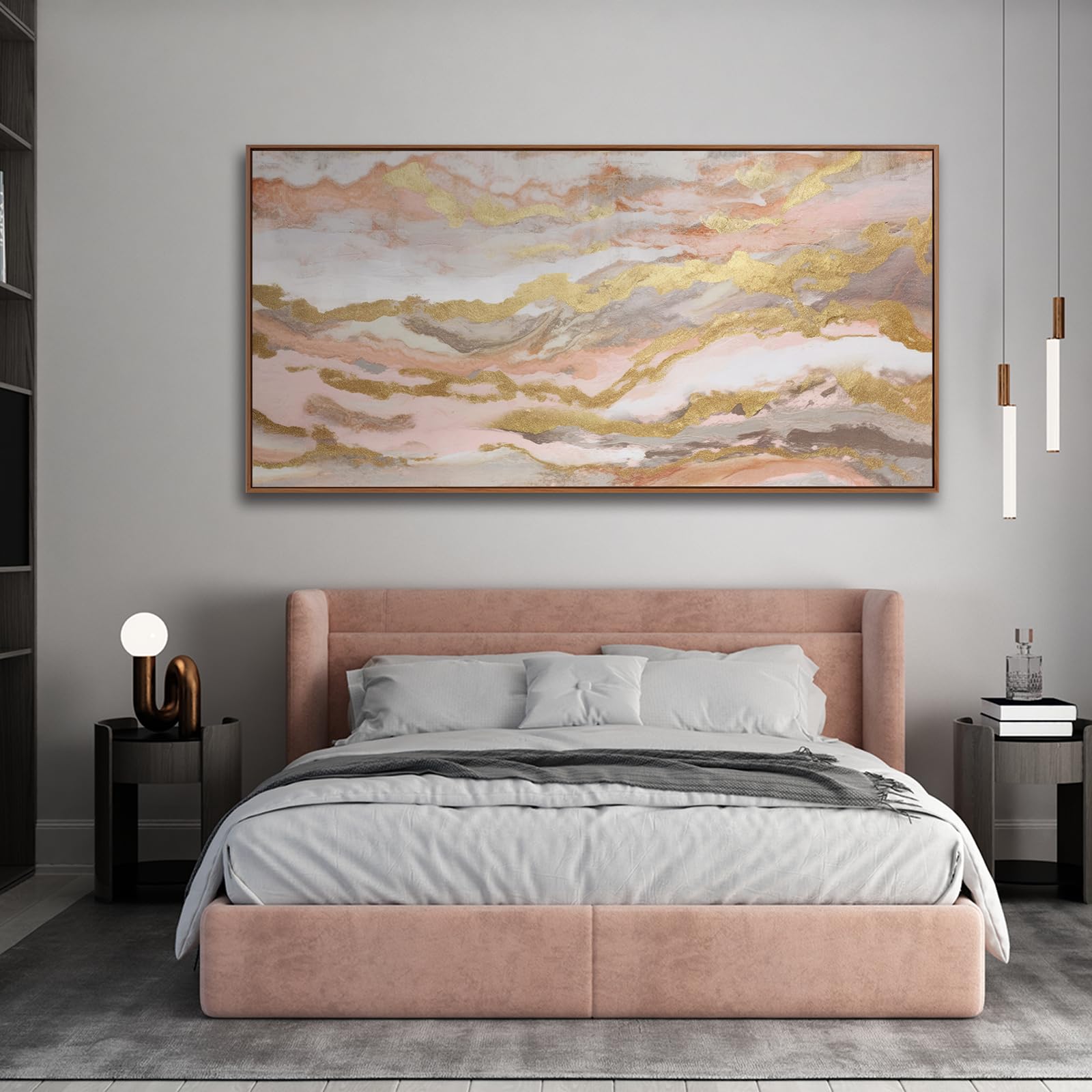 Abstract Pink Canvas Wall Art Framed Gold Abstract Line Artwork For Living Room Decor Canvas Art Bedroom Pictures Office Decorat