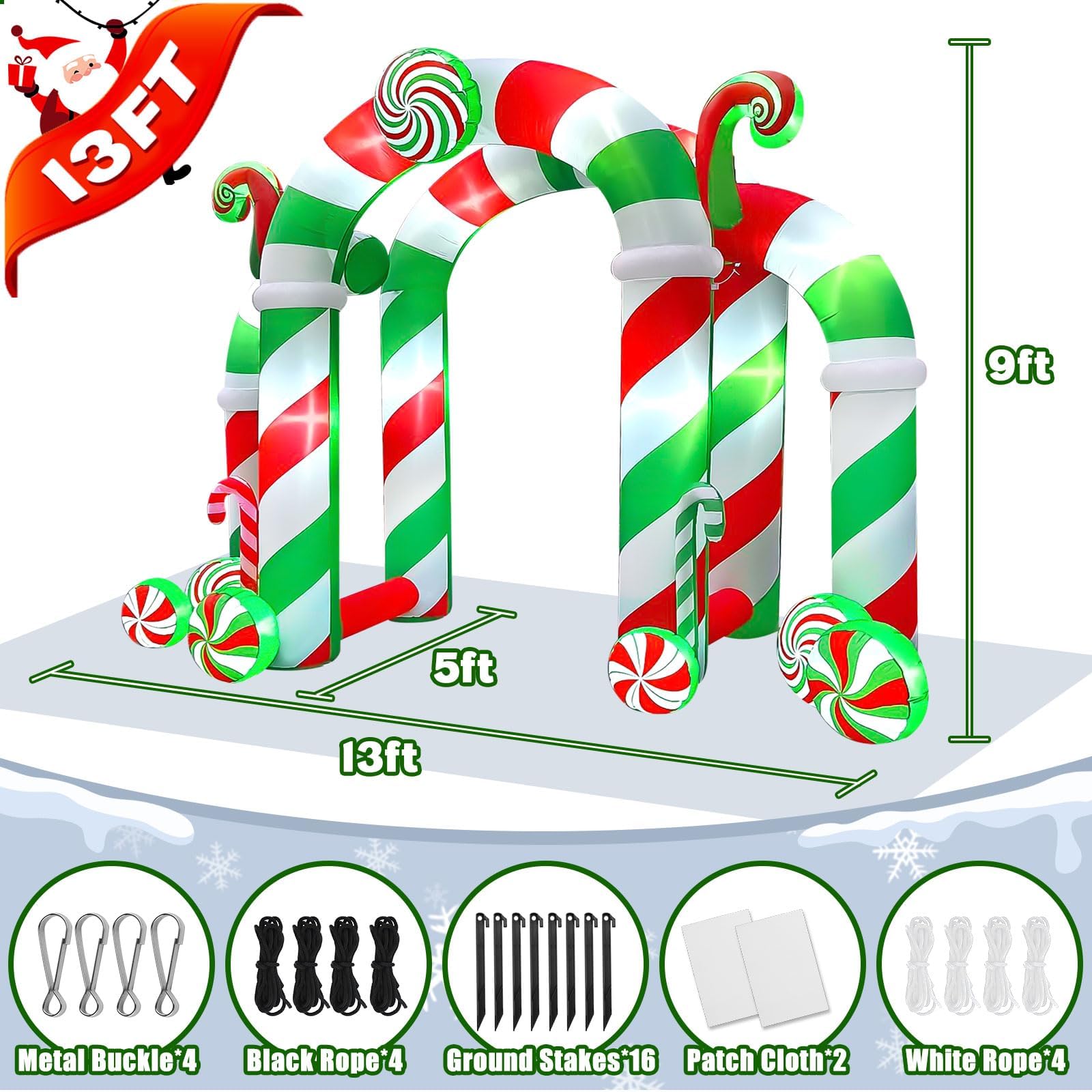 Kalolary 13FT Christmas Archway Inflatable - LED Light, Giant Candy Design, Outdoor Holiday Decoration, Green, Model Kalolary-Y502