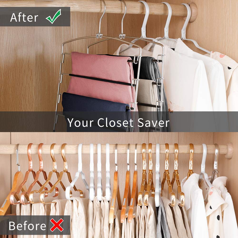 Feerahozer Pants Hangers Non Slip 6 Pack Space Saving Hangers Multi-Layer Swing Arm Pants Hanger Stainless Steel Space Saver Han