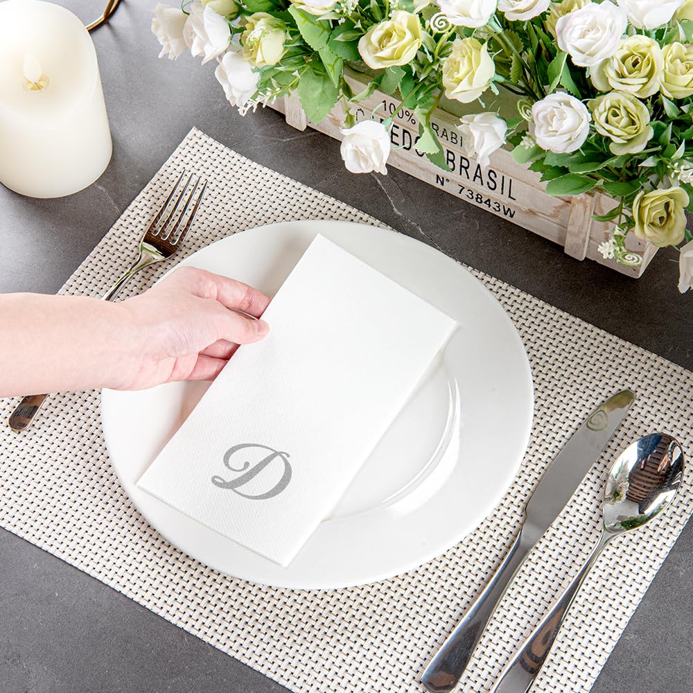 Luxenap 15.8 X 7.9 Inch Linen-Feel Guest Towels, 2000 Lettered Hand Towels - Silver Letter 'D', Cursive Font, White Paper Dinner