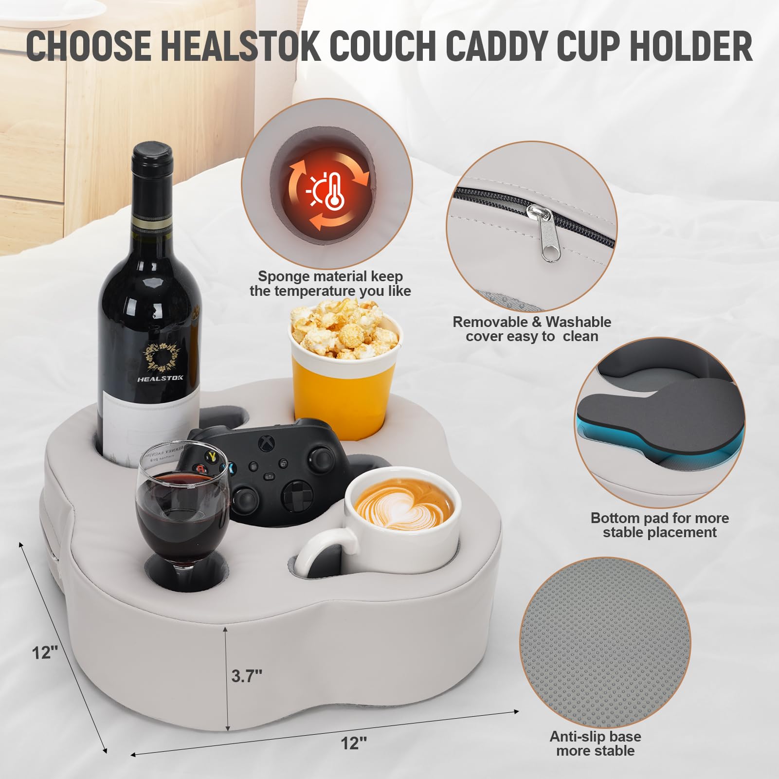 Healstok Couch Cup Holder Pillow, Sofa Organizer Caddy Bed Refreshment Tray For Drinks, Remotes, Phones, Snacks (Pugrey)