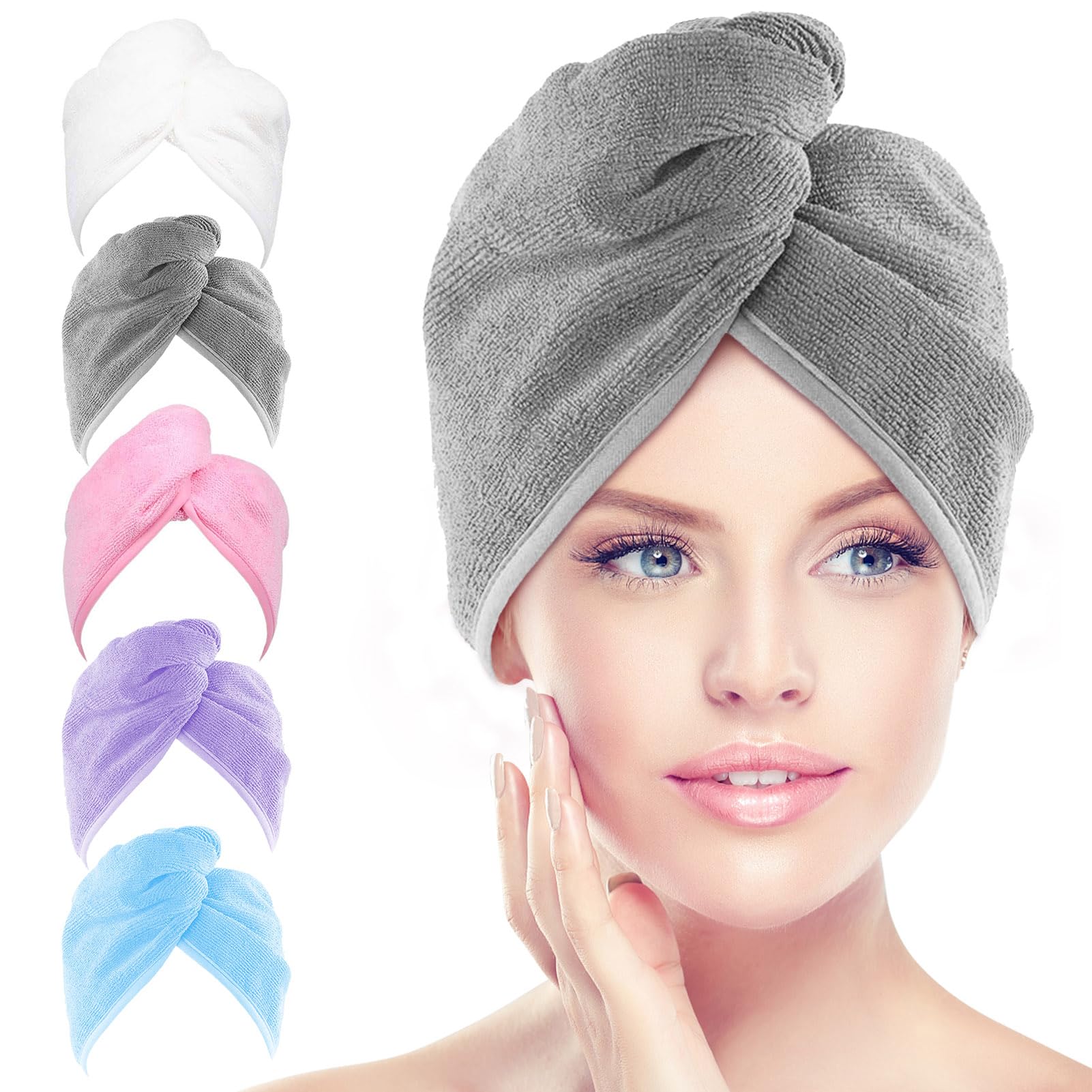AIDEA Microfiber Hair Towel Wrap, 5 Pack Hair Turbans, Super Absorbent Quick Dry Hair Towel Wrap for All Hair Types Anti Frizz,