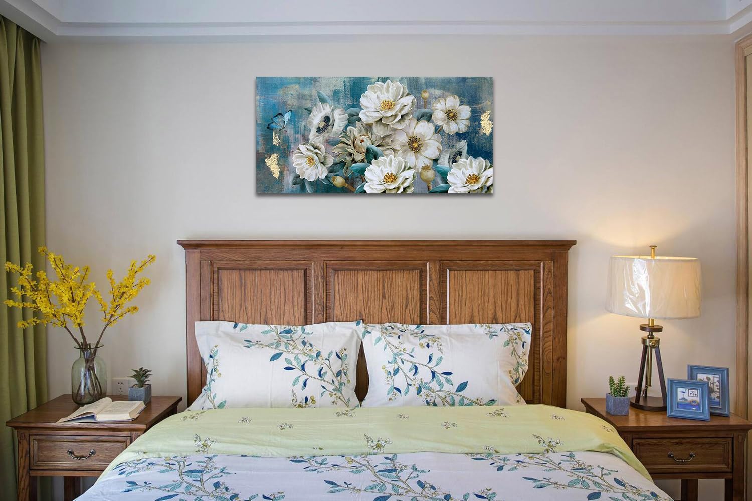 Arjun Flowers Canvas Wall Art White Elegant Modern Picture Gold Foil Rustic Painting Colorful Turquoise Floral Large Teal Artwor