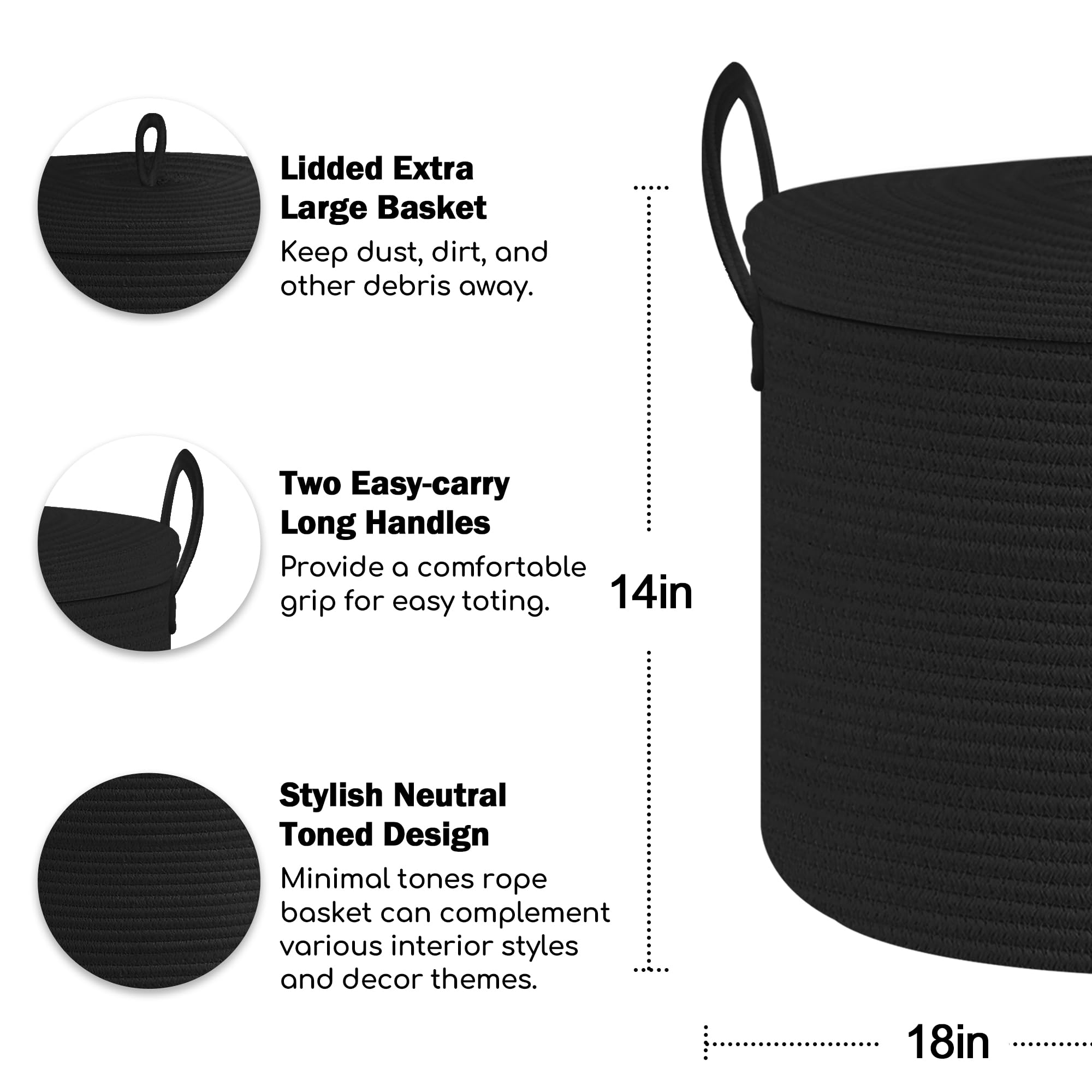 Honcesta 18'' X 14'' Large Black Basket With Lid, Cotton Rope Storage Basket For Blanket, Toy, Pillow, Towel, Living Room Bedroo